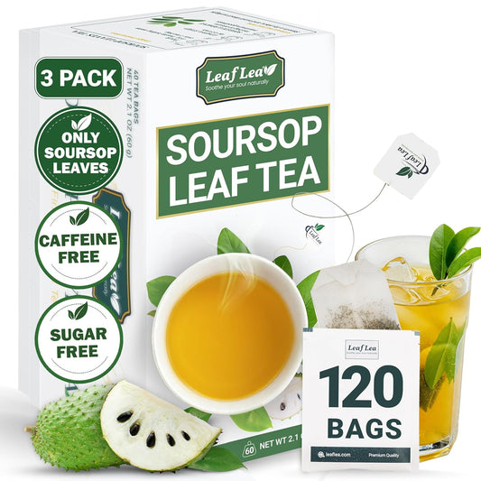 LeafLea 120 Soursop Tea Bags, from 100% Natural Pure Soursop Graviola Leaves, Improve Digestion, Support Healthy Skin & Sleep, Herbal Tea Caffeine-free, Hojas De Guanabana Tea, Non-GMO, Pack of 3