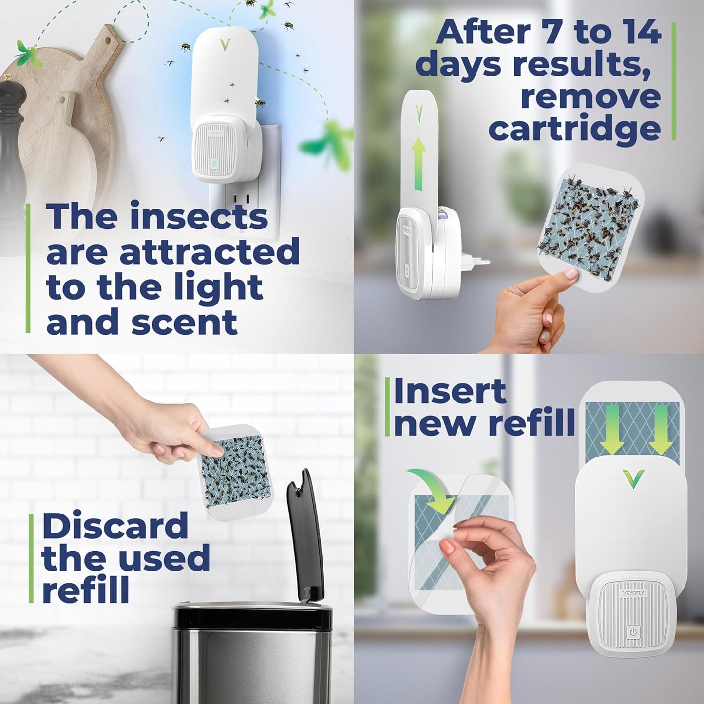 VEYOFLY Fly Trap Indoor, Fruit Fly Traps for Indoors, (4 Device + 12 Refills) Gnat Traps for House Indoor, Fly Catcher Indoor, Plug in Light Flying Insect Trap, Bug Light Killer, Fly Trap