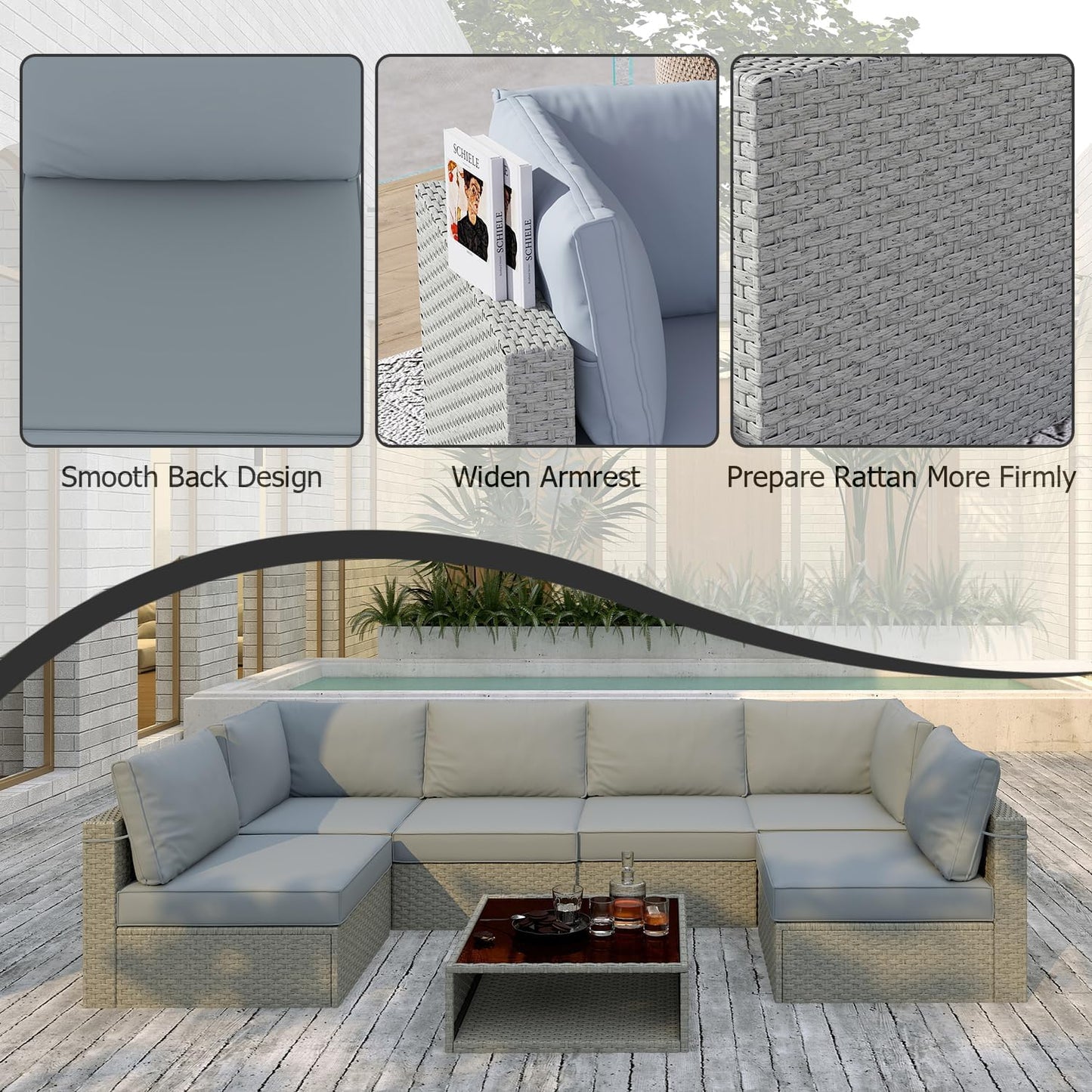 Patio Furniture Set 7-Piece, All-Weather Outdoor Conversation Set Sectional Sofa with Water Resistant Grey Thick Cushions and Coffee Table（Grey）