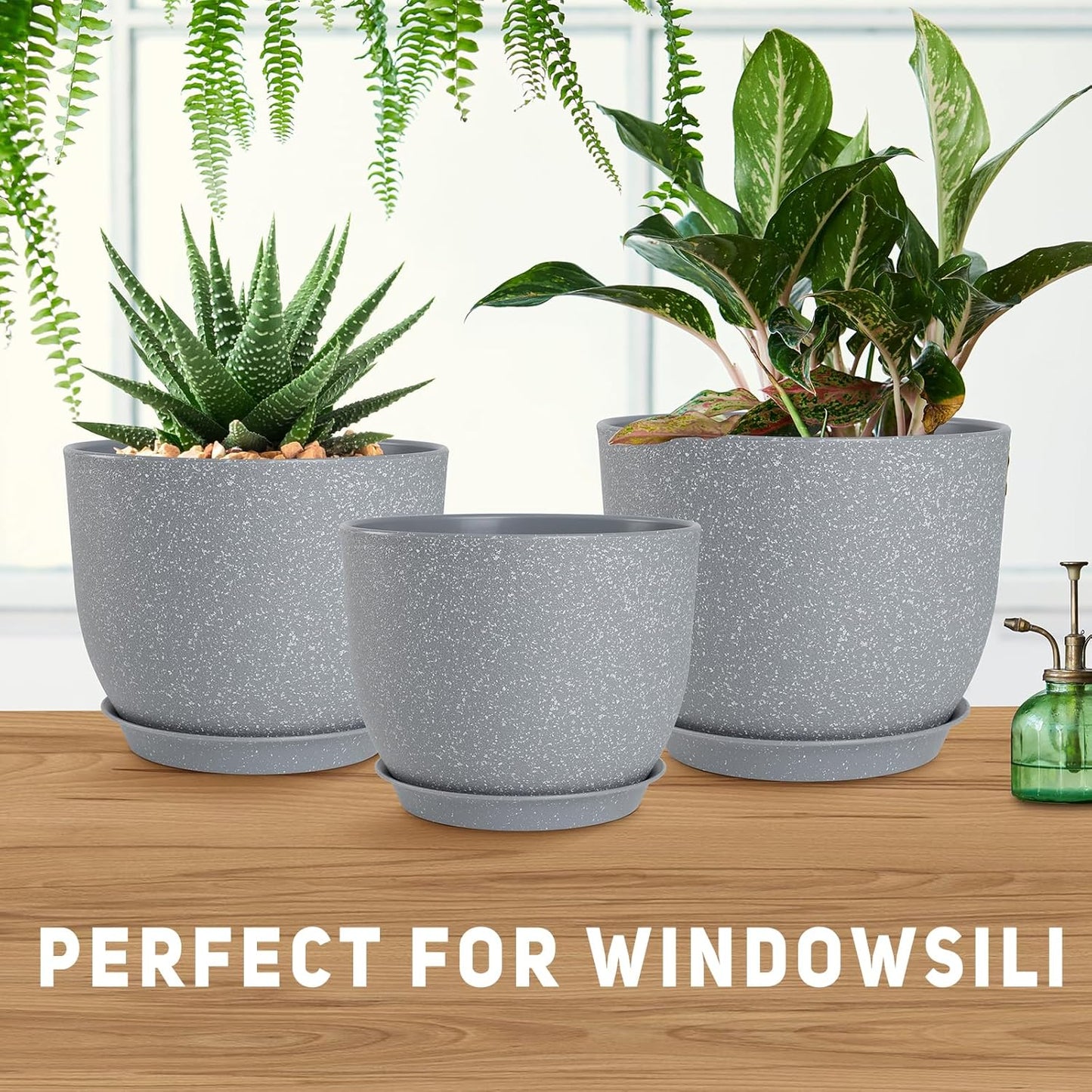 Plant Pots 10/9/8/7.5/7 inch Flower Pots with Multi Mesh Drainage Holes, Planters for Indoor Outdoor Garden Plants and Flowers. (Gray)