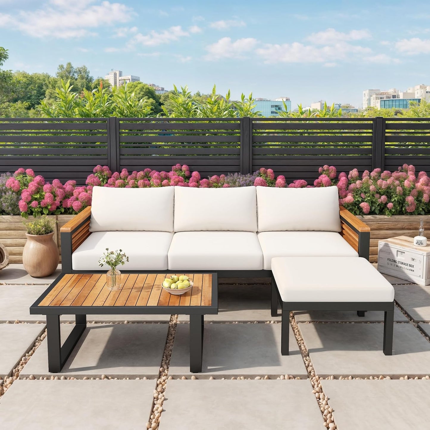 Patio Furniture Set, Outdoor 3-Piece Acacia Wood and Metal Patio Sofa Set, L-Shape Conversation Sofa with Coffee Table and Ottoman for Garden, Poolside, Backyard