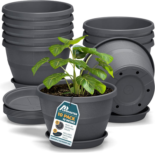 10-Inch Whiskey Barrel Planters Outdoor Pack of 10 - Durable Plastic Plant Pots for Indoor & Outdoor Use with Drainage & Saucer, Lightweight Rustic Barrel Planters for Flowers, Herbs & Small Plants