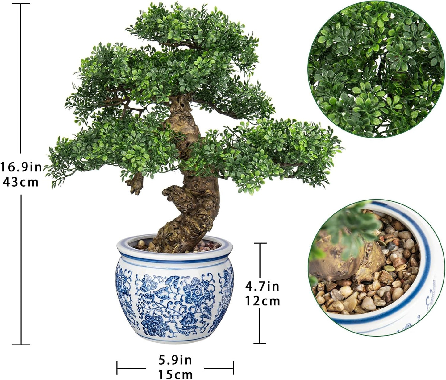 Fake Bonsai Tree Bonsai Plant 17” Tall Artificial Bonsai Trees with Blue and White Porcelain Decorated with Pebbles Desk Plant Indoor Bonsai for Home Office Decor