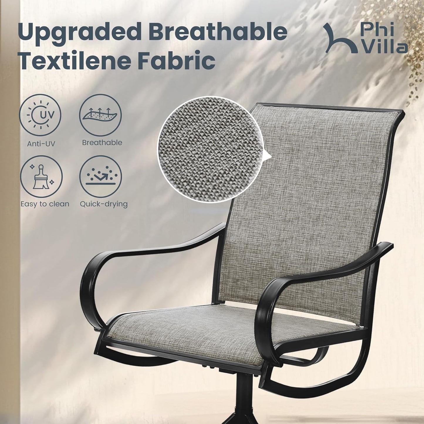 PHI VILLA Patio Dining Table and Chairs, 6 Swivel Dining Chairs with Armrest, Brown Metal Slat Table Top with 1.6" Umbrella Hole, Rustproof E-Coating for All Weather