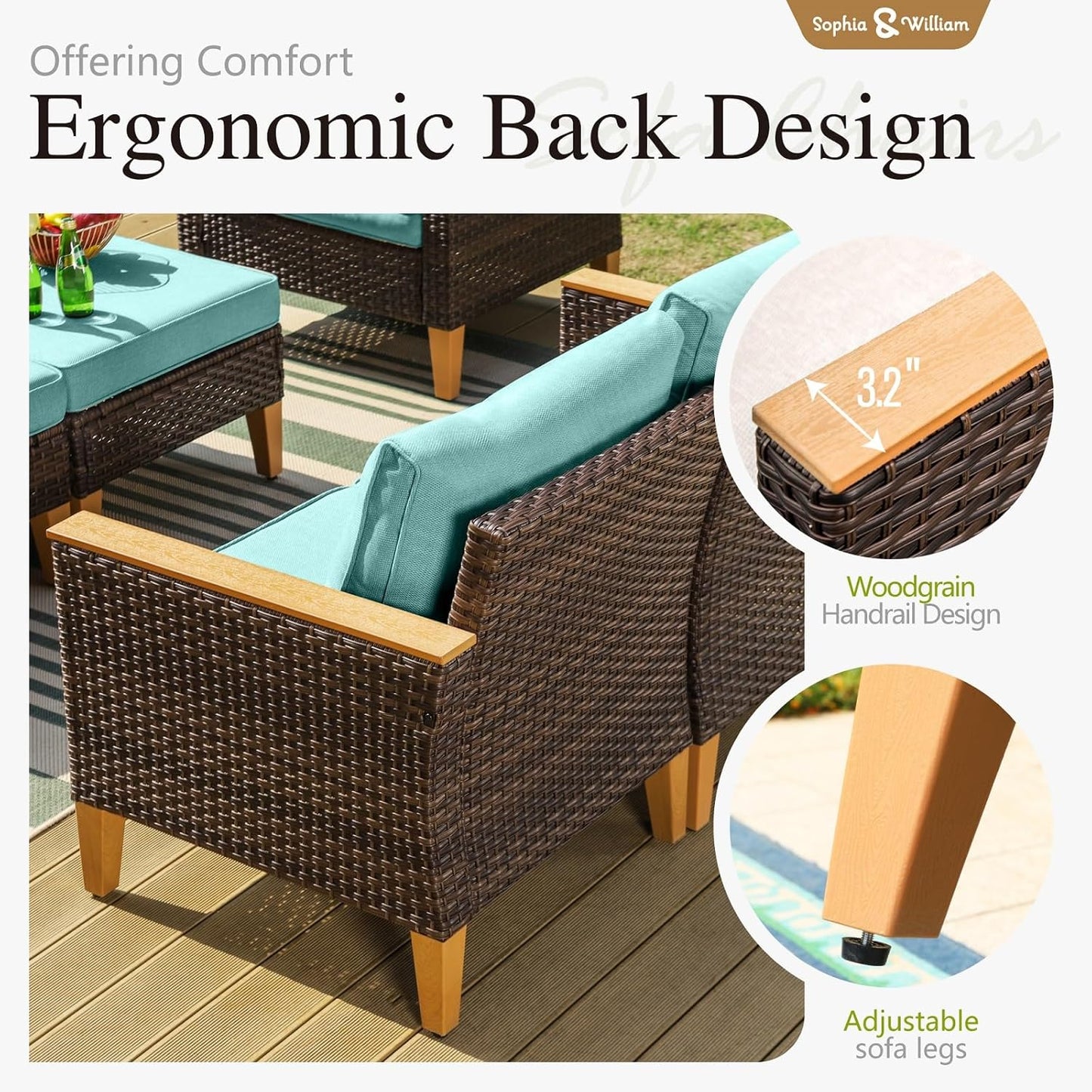 Sophia & William Outdoor Wicker Sectional Sofa Set, 9 Piece Half Moon Curved Patio Furniture Modern Outdoor Couch Conversation Set with Ottoman for Backyard, Pool, Garden(Aqua Blue)