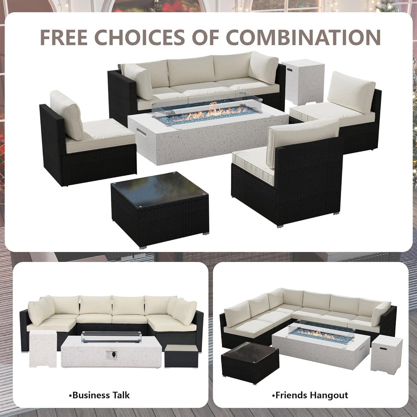 8 Piece Patio Furniture Set - Outdoor Conversation Sets with 56" Fire Table and Coffee Table, Rattan Modular Sofa Set for Garden/Poolside, Beige/Black