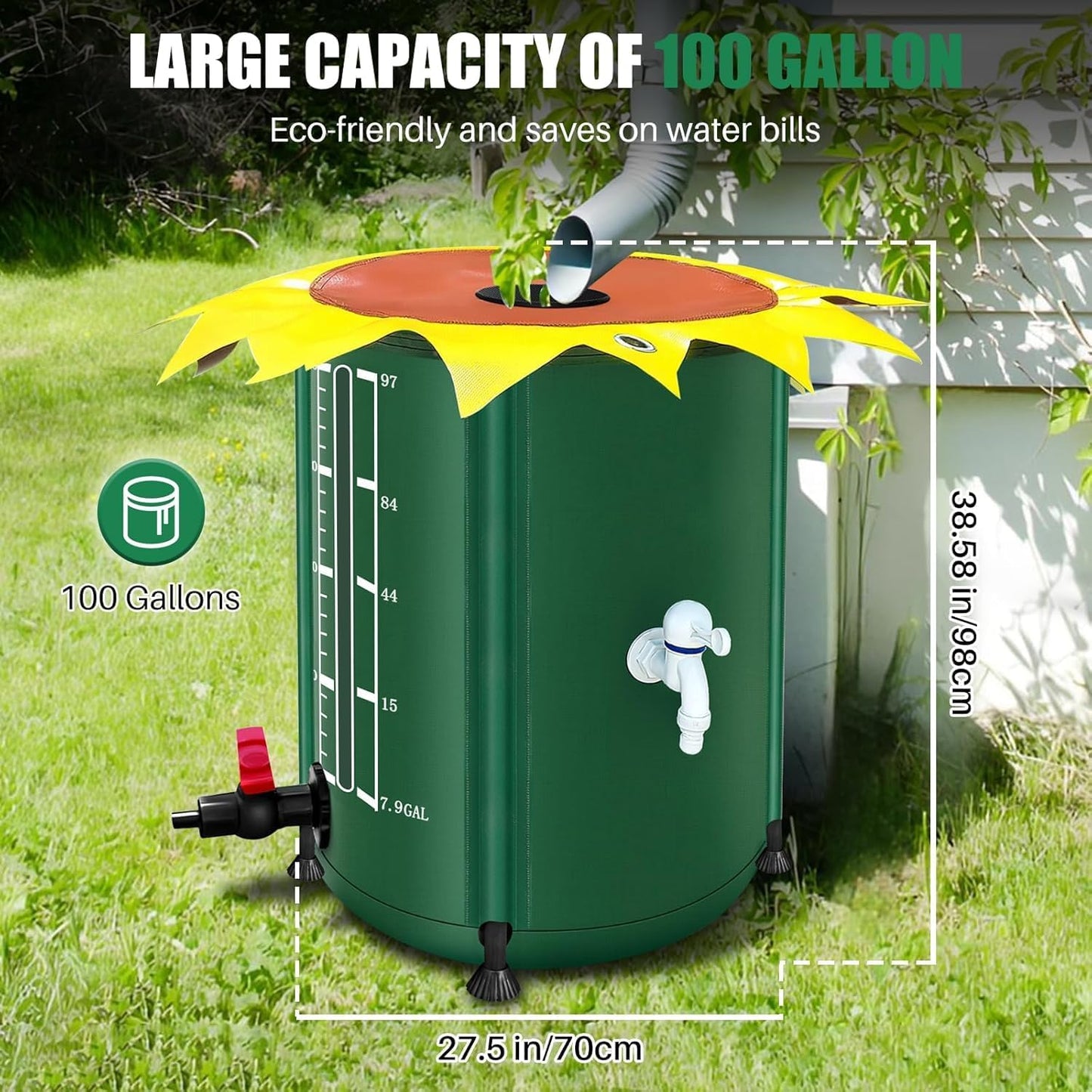 100 Gallon Collapsible Rain Barrel, Rain Water Collection Barrel with 1000D Oxford Cloth, Portable Rainwater Collection System with Spigot and Overflow Kit