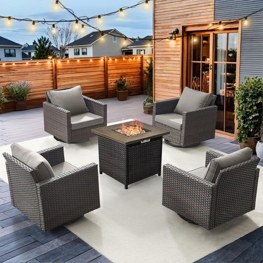 HUMMUH 5 Piece Patio Furniture Set,Wicker Swivel Rocker Patio Chairs Set of 4 with 30'' Fire Pit Table Outdoor Furniture Set for Porch,Garden,Backyard