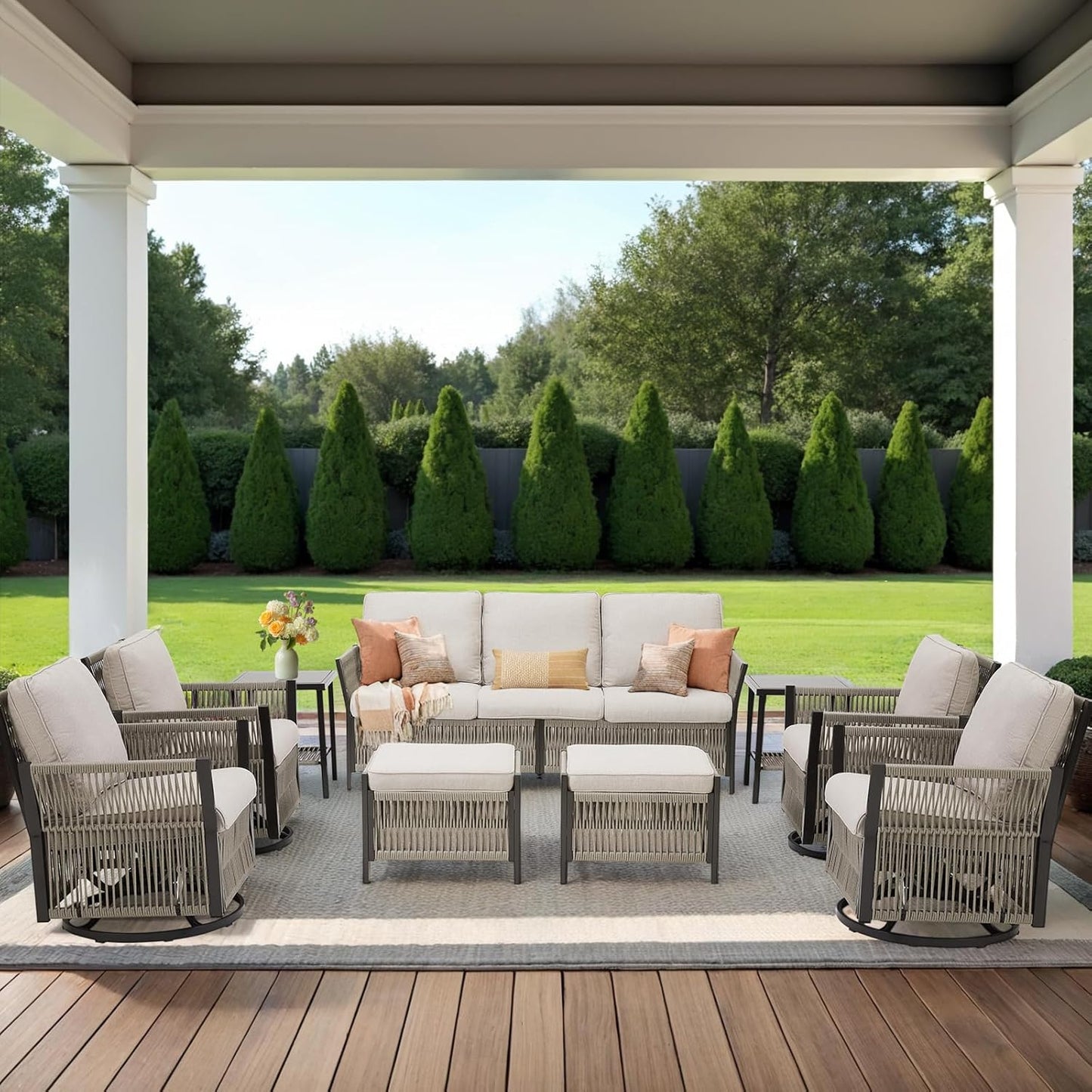 Patio Furniture Wicker Rope Outdoor Conversation Set, 9-Piece All Weather Patio Furniture Rattan Swivel Rocking Chairs w/Ottomans, Side Table for Backyard, Balcony, Deck, Beige