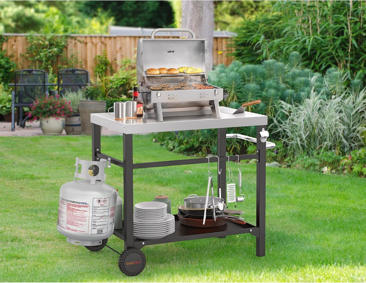 only fire Stainless Steel Movable Dining Cart Table, Pizza Oven Table, Multifunctional Utility Cart with Wheels for Outdoors, Kitchen or Backyard Patio