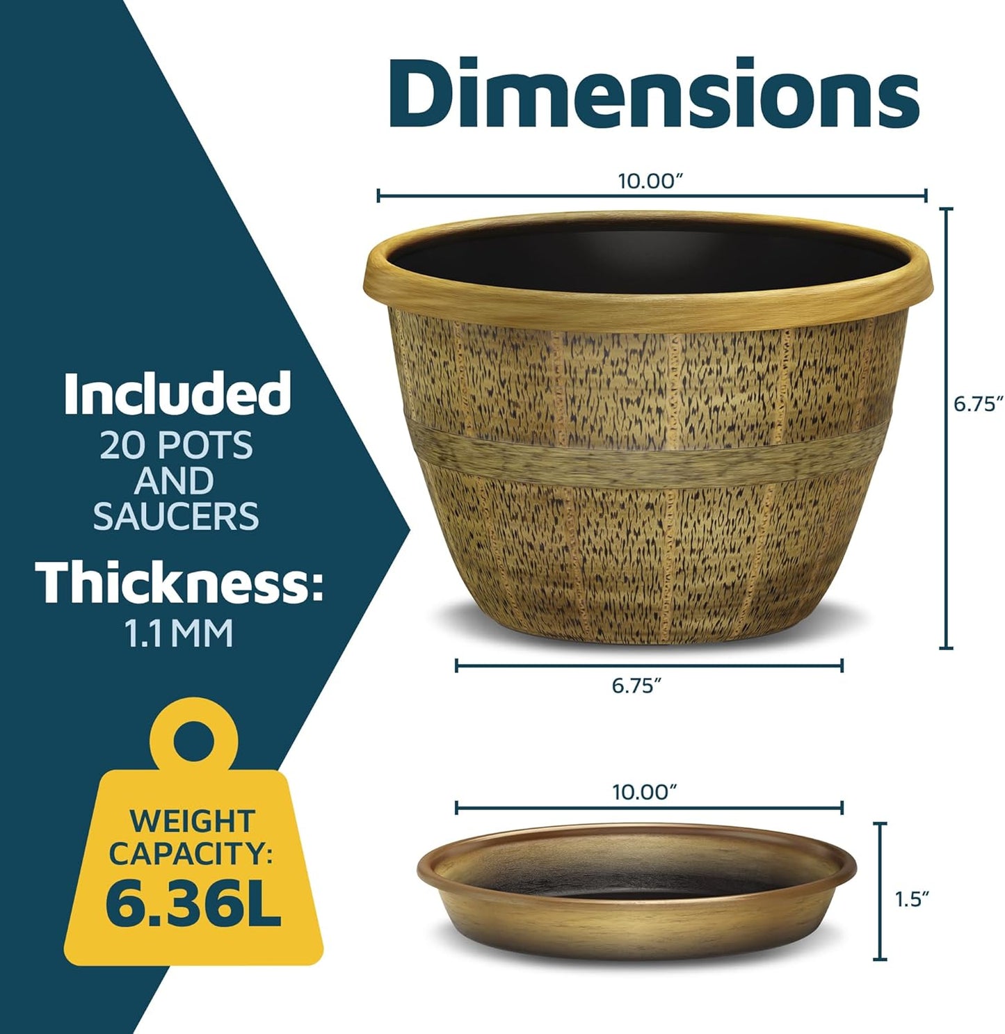 10-Inch Whiskey Barrel Planters Outdoor Pack of 20 - Durable Plastic Plant Pots for Indoor & Outdoor Use with Drainage & Saucer, Lightweight Rustic Barrel Planters for Flowers, Herbs & Small Plants