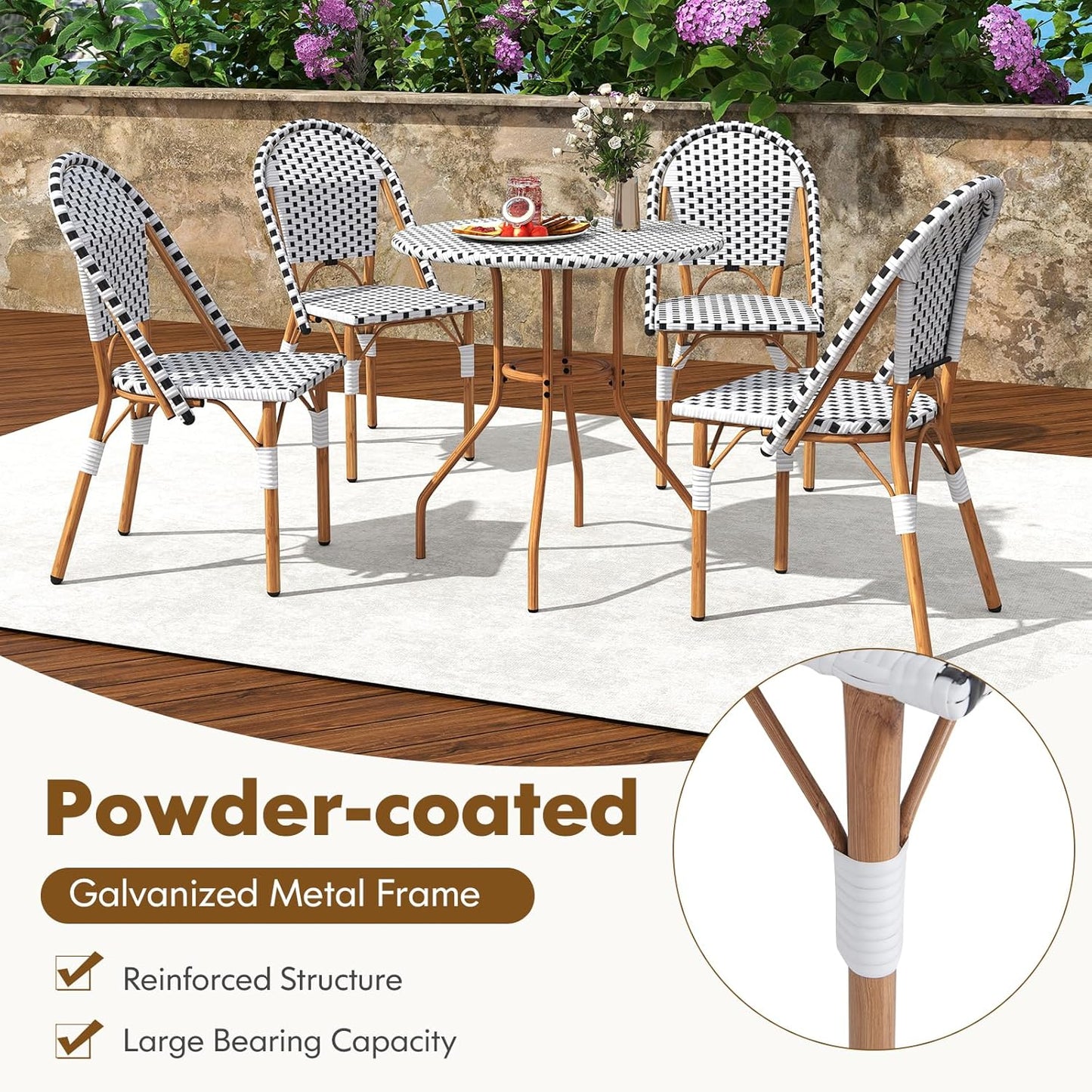 Tangkula 3 Piece French Bistro Table Chair Set, Outdoor Wicker Round Table & 2 Dining Chairs with Metal Support, Outside Accent Dining Furniture Set for Garden, Balcony, Porch