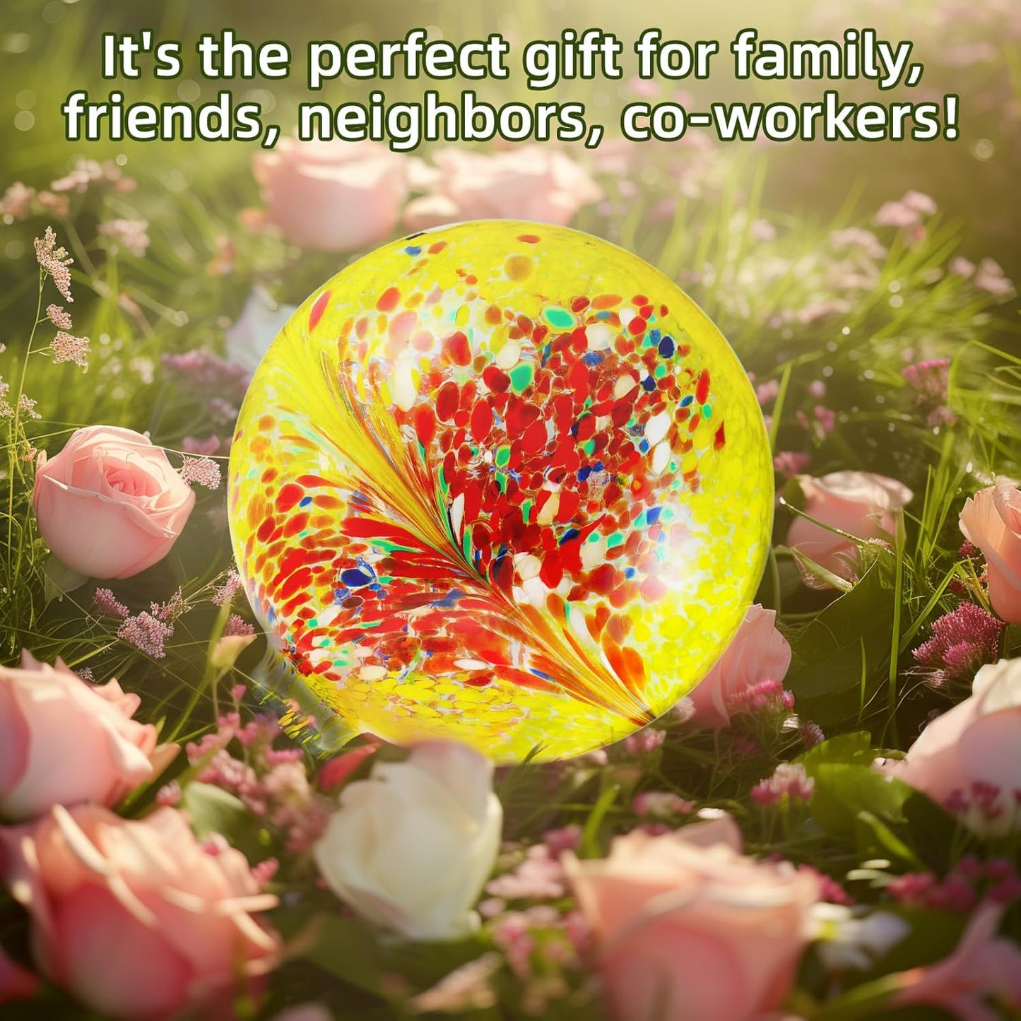 VOREEN 10-Inch Glass Gazing Ball, Outdoor Gazing Globe, Handmade Reflective Ball Yard Decoration for Homes, Patio, Lawn and Gardens, Gift for Mom Wife Friend, Phoenix Tail Design, Yellow