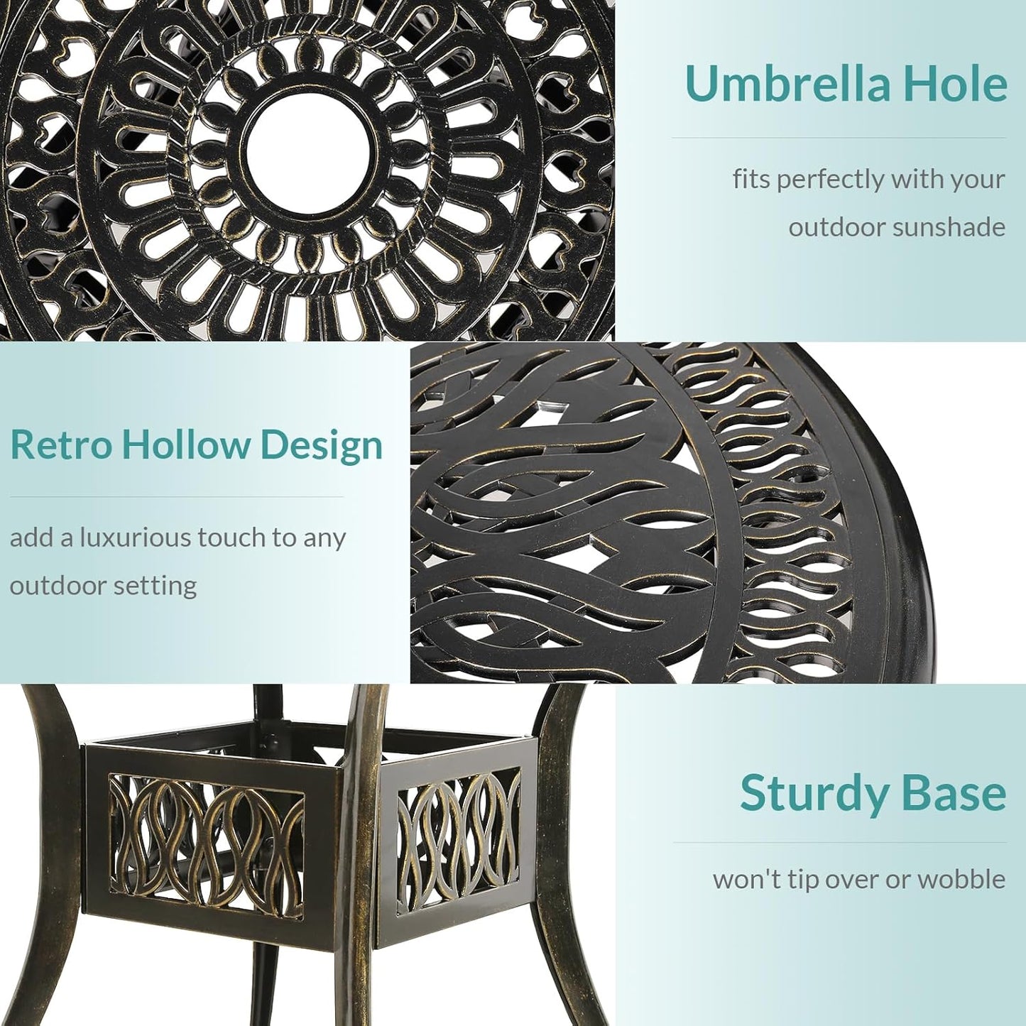 MEETWARM 3 Piece Patio Bistro Set, Outdoor All-Weather Cast Aluminum Dining Furniture Set Includes 2 Chairs with Cushions and a 35.4” Round Table with Umbrella Hole for Garden Deck, Ocean Blue