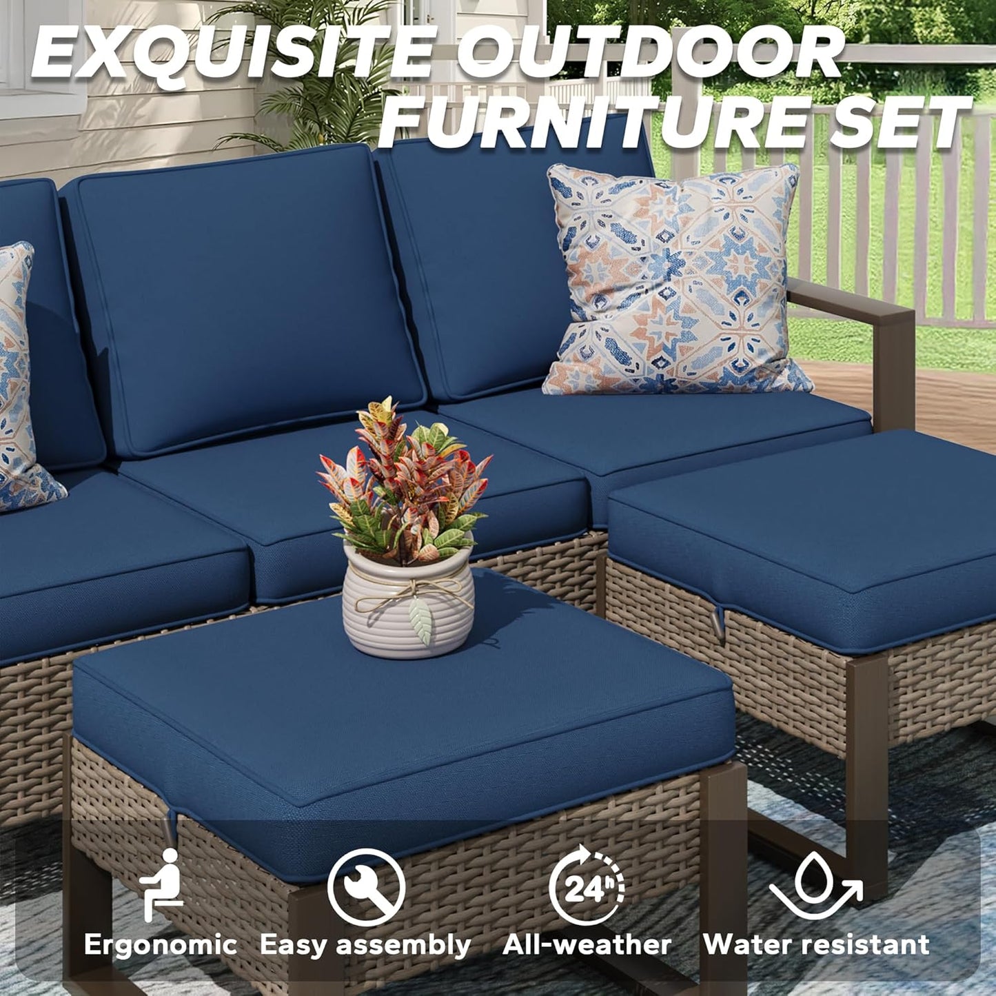 Wicker Patio 75" Sofa Set with Two Ottomans, All Weather Rattan Outdoor Conversation Furniture Set with Wood-Looking Metal Armrest for Deck Backyard Porch, Dark Blue