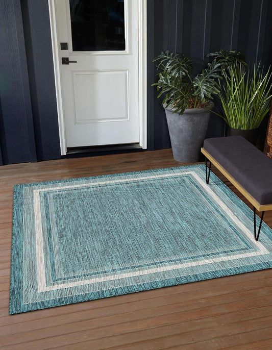 Unique Loom Outdoor Border Collection Area Rug - Soft Border (12' Square Teal/Ivory)