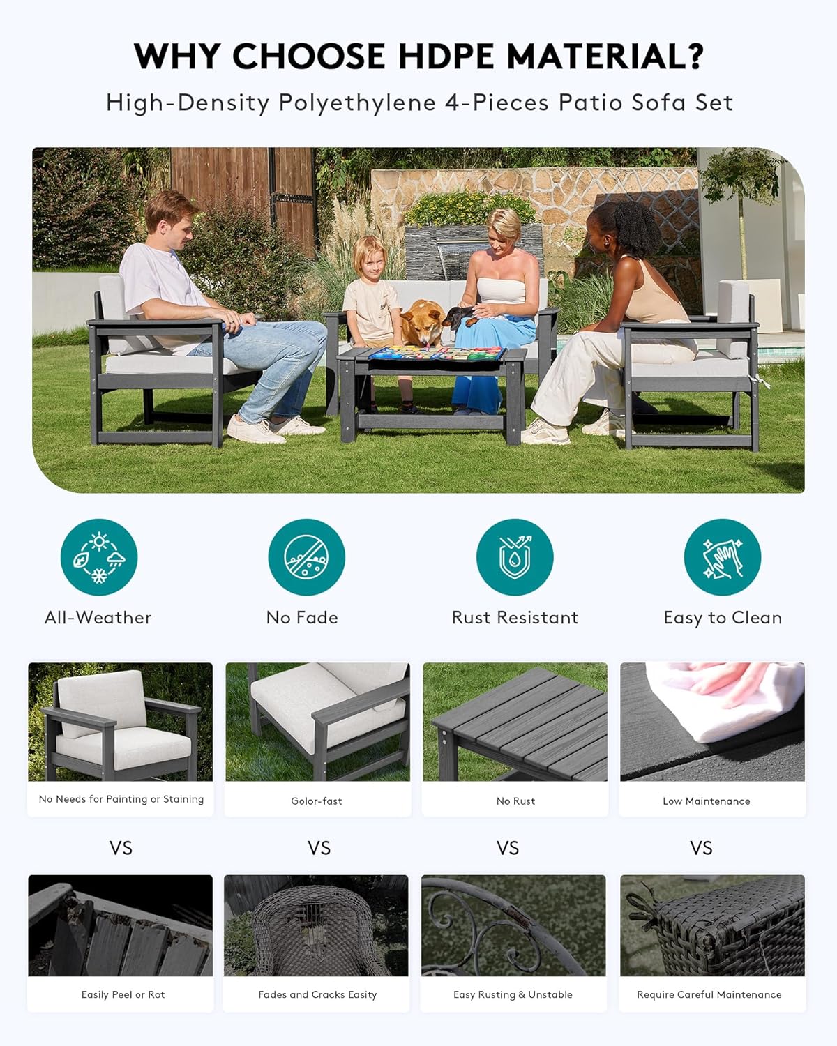 SERWALL Gray HDPE Outdoor Loveseat with Khaki Cushions, All Weather Use Outdoor Loveseat Sofa, Gray Frame with Khaki Cushions
