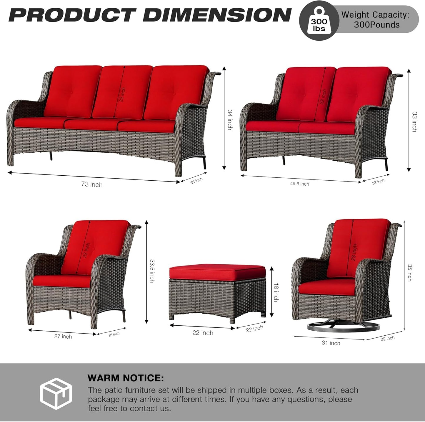 Joyside Patio Furniture Set 5-Piece Wicker Outdoor Furniture Conversational Set with 3-Seat Sofa, 2 Armchairs, 2 Ottoman Patio Rattan Wicker Sectional Sofa Set with Olefin Cushions(Mixed Grey/Red)