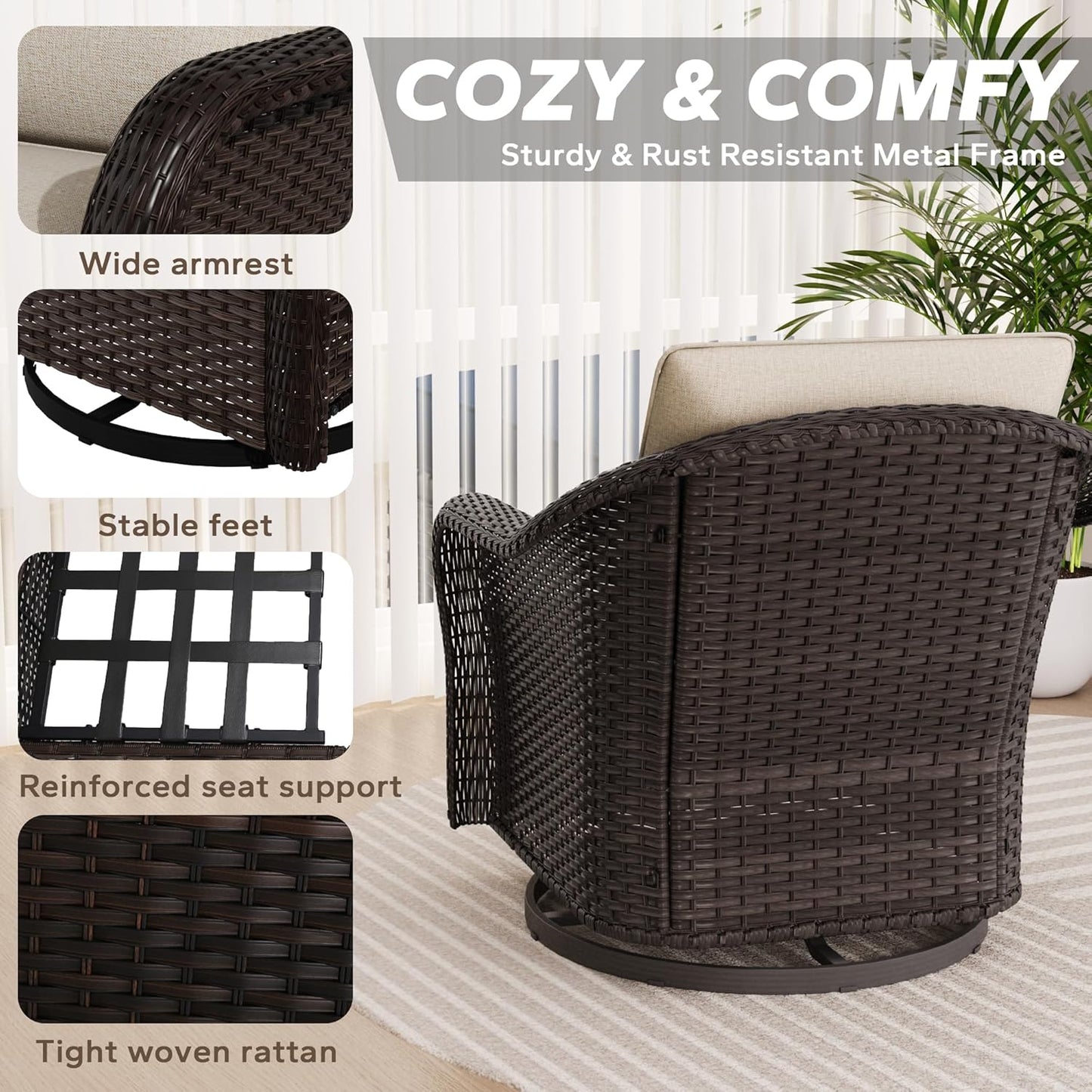 Outdoor Wicker 360 Degree Swivel Glider Rocker Chairs Set, Patio Conversation Furniture Set with Washable Cushions for Garden, Poolside (Beige)