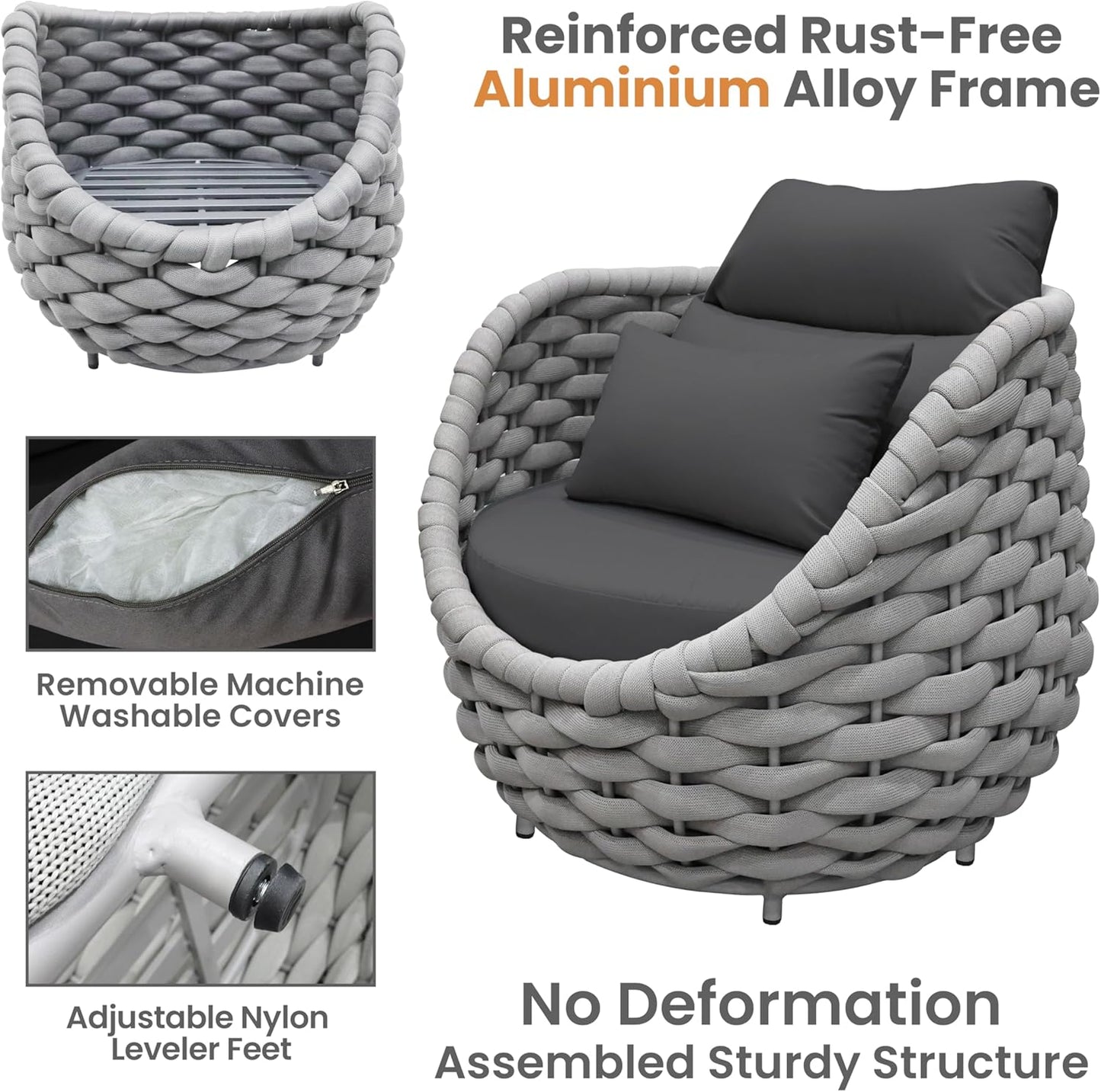 Aluminum Outdoor Couch Set: 6 Pieces Woven Rope Patio Conversation Set - Metal Modern Porch Furniture Sofa Set - All Weather Assembled Deck Seating for Courtyard Backyard Rooftop Hotel Resort