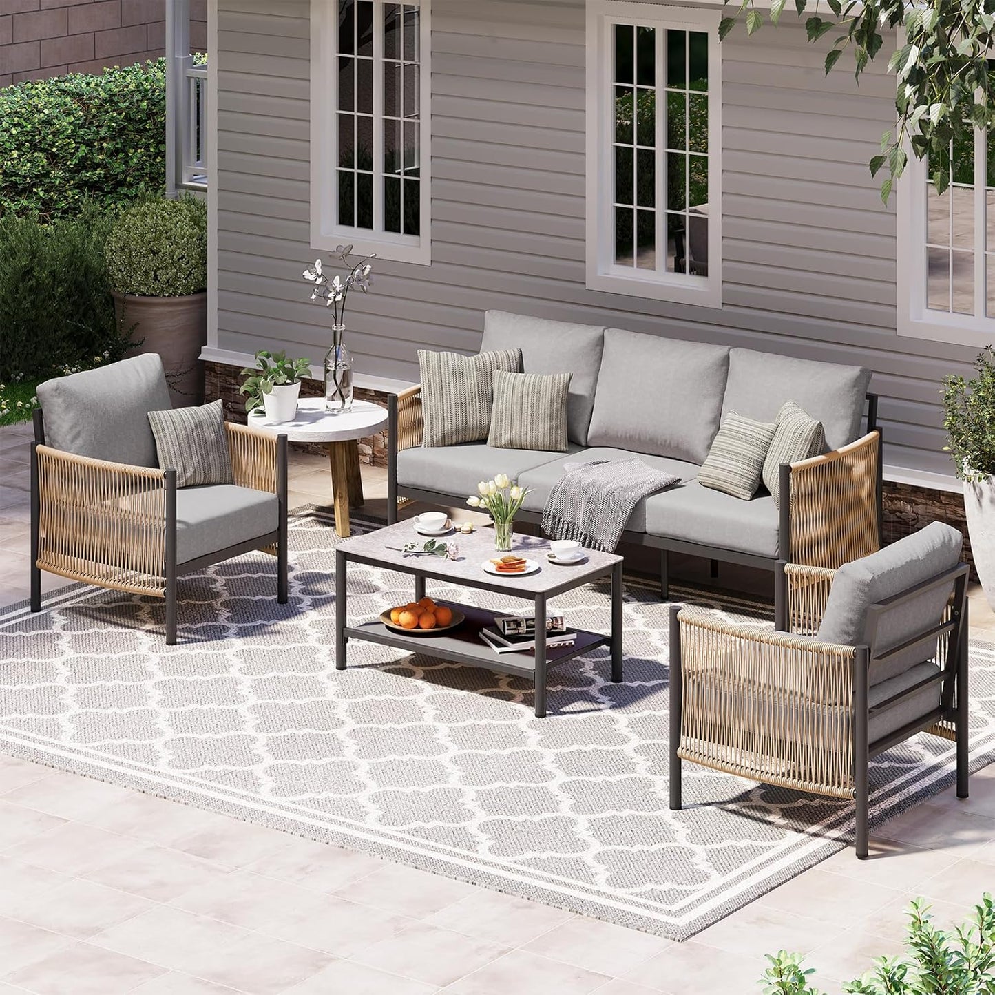 Aluminum Outdoor Patio Furniture Set, HDPE Rope 4 Piece Modern Sectional Conversation Sets with Dual-Layer Coffee Table, All Weather Patio Couch Sets with Thick Cushions, Gray Frame, Gray
