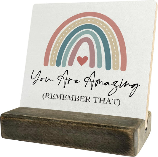 Primitive Wooden Sign, You are Amazing Remember That, Desk Plaque with Wooden Stand 4 x 4.3 inches, Rustic Home Decor, Farmhouse Sign, Inspirational Quotes Gifts for Friend Family, Cheer Up Gift A