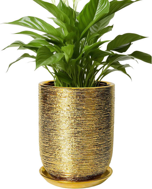 Indoor Plant Pot 8 Inch - Ceramic Planter for Indoor Outdoor Flowers, Round Modern Flower Pot with Drainage Hole and Saucer, Gifts for Plants Lovers, Garden Room Decor, Gold