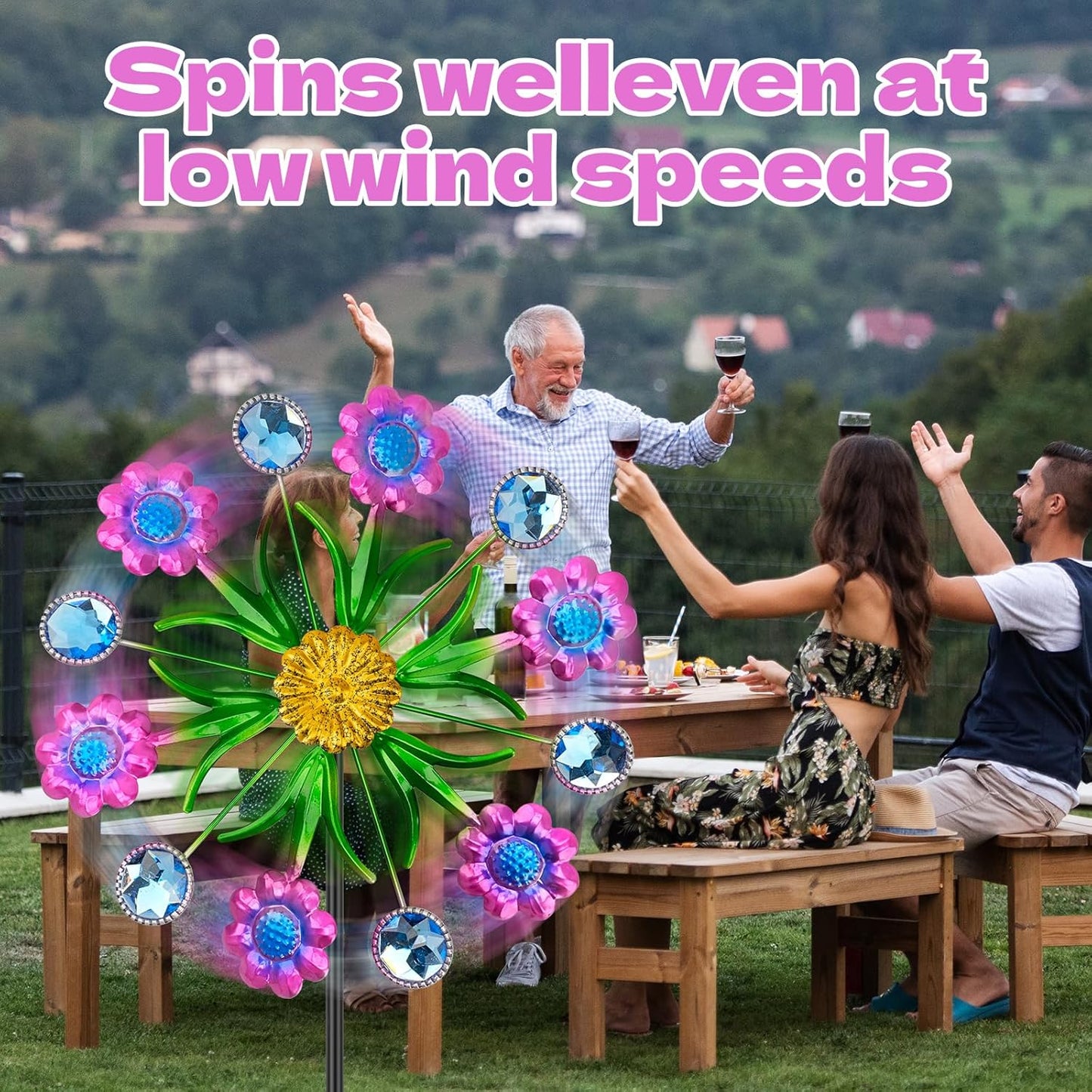 Purple Flowers Outdoor Wind Spinner, 36" Metal Wind Sculpture with Stake, Wind Spinners for Yard and Garden Lawn Patio Decor