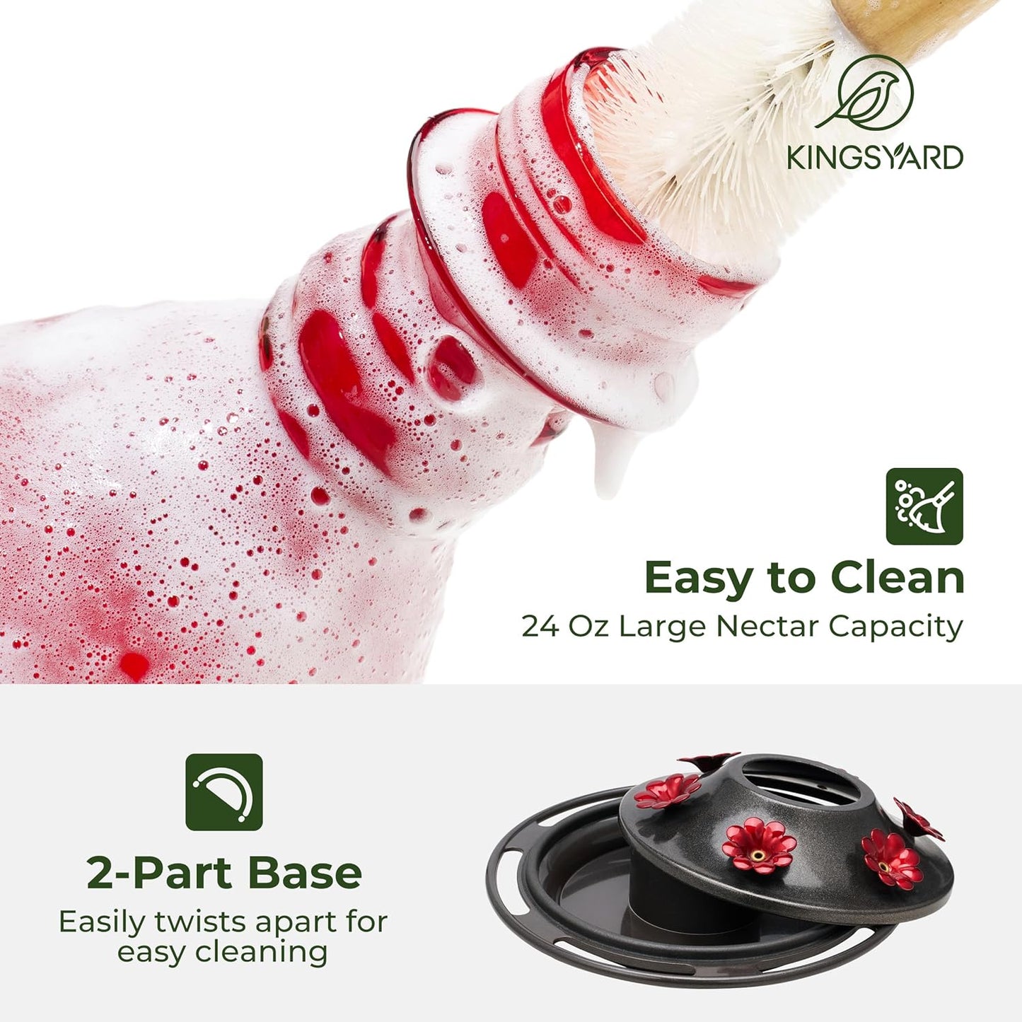 Kingsyard Glass Hummingbird Feeder - 6 Bee Guard Feeding Ports & Ant Moat, 24 oz Leak Proof, Wild Bird Feeder for Outdoors Hanging, Easy to Clean & Refill, Garden Yard Décor, Red