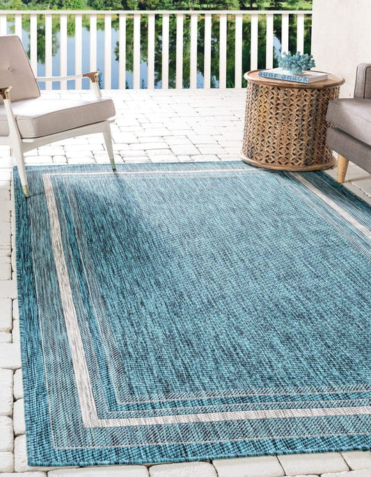 Unique Loom Outdoor Border Collection Area Rug - Soft Border (8'x 11' 4" Rectangle, Teal/ Ivory)