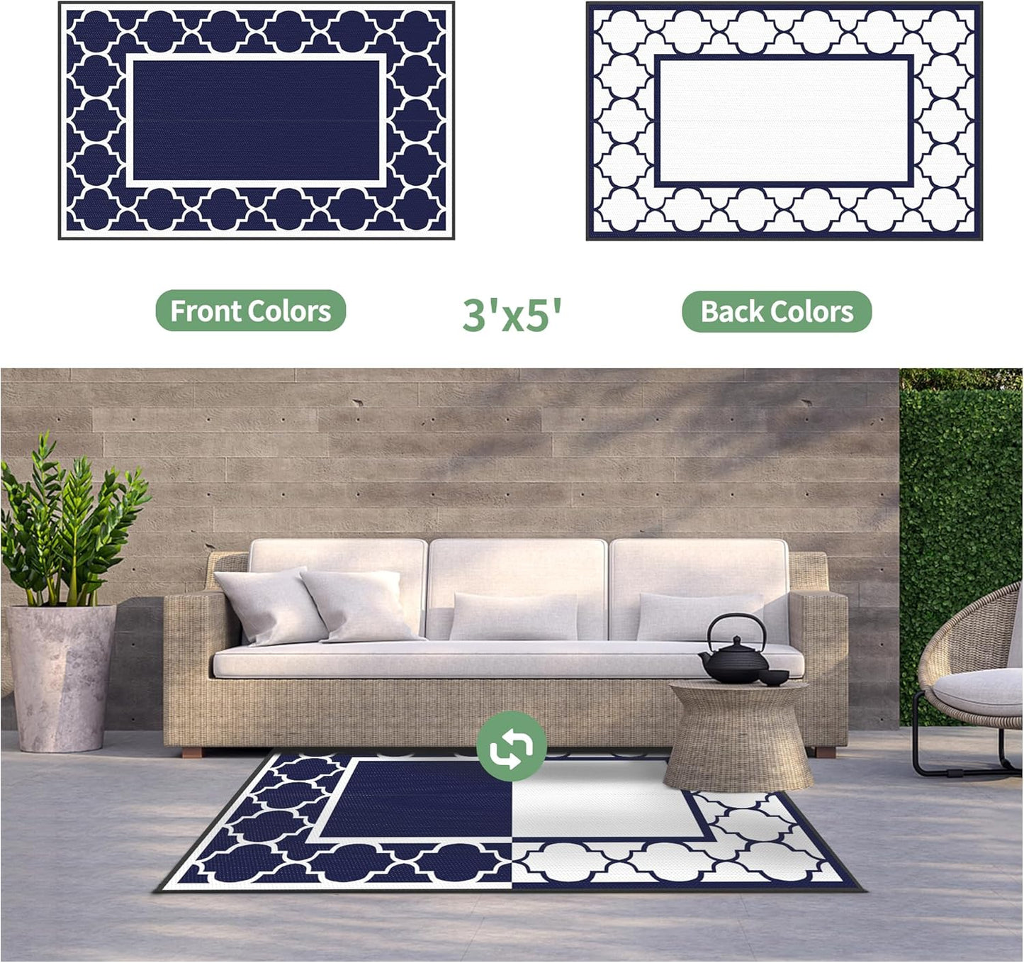 GENIMO 3' x 5' Outdoor Rug Waterproof for Patio Decor, Foldable Reversible Plastic Straw Area Rugs Mat for Camper, Outside Carpet for Rv, Deck, Porch, Picnic, Beach, Balcony, Blue & White