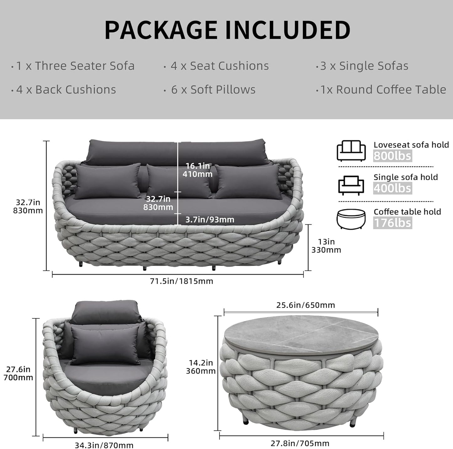 TWT Outdoor Patio Furniture Set, 5 Pieces Aluminum Sectional Sofa, Metal Patio Conversation Set with Threeseat & Armchair, Cushion and Coffee Table, Dark Grey