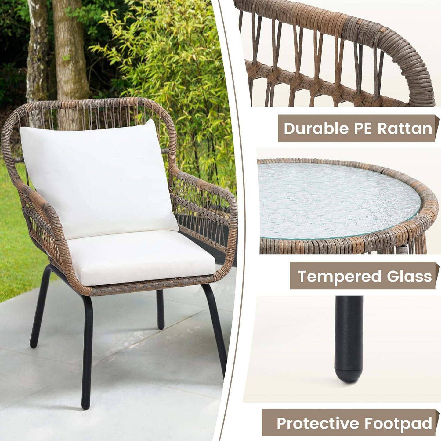 3 Pieces Rattan Wicker Bistro Set, Outdoor Conversation Set, Wicker Furniture Set with Glass Top Table, Space Saving for Balcony, Backyard, Natural