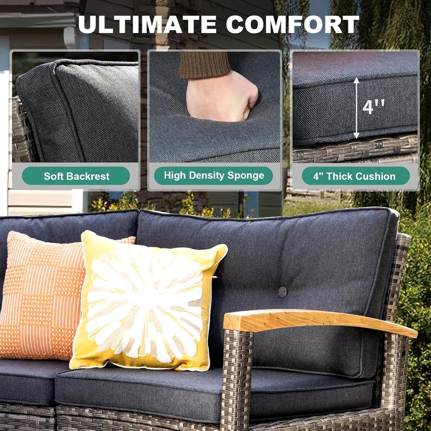 9 Piece Outdoor Patio Furniture Set, Half-Moon Curved Sectional Sofa Rattan Conversation Set with 2 Wood Armrests Swivel Rocker Chairs, Round Coffee Table & Side Table（Grey）