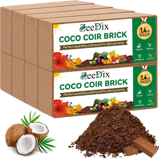 ZeeDix 8 Pack Coco Coir Brick (11.2lbs), 100% Organic Coconut Coir for Garden Soil & Potting Mix, Low EC and pH Balance, Compressed Coconut Husk Fiber for Seed Starter Soil for Indoor Outdoor Plants