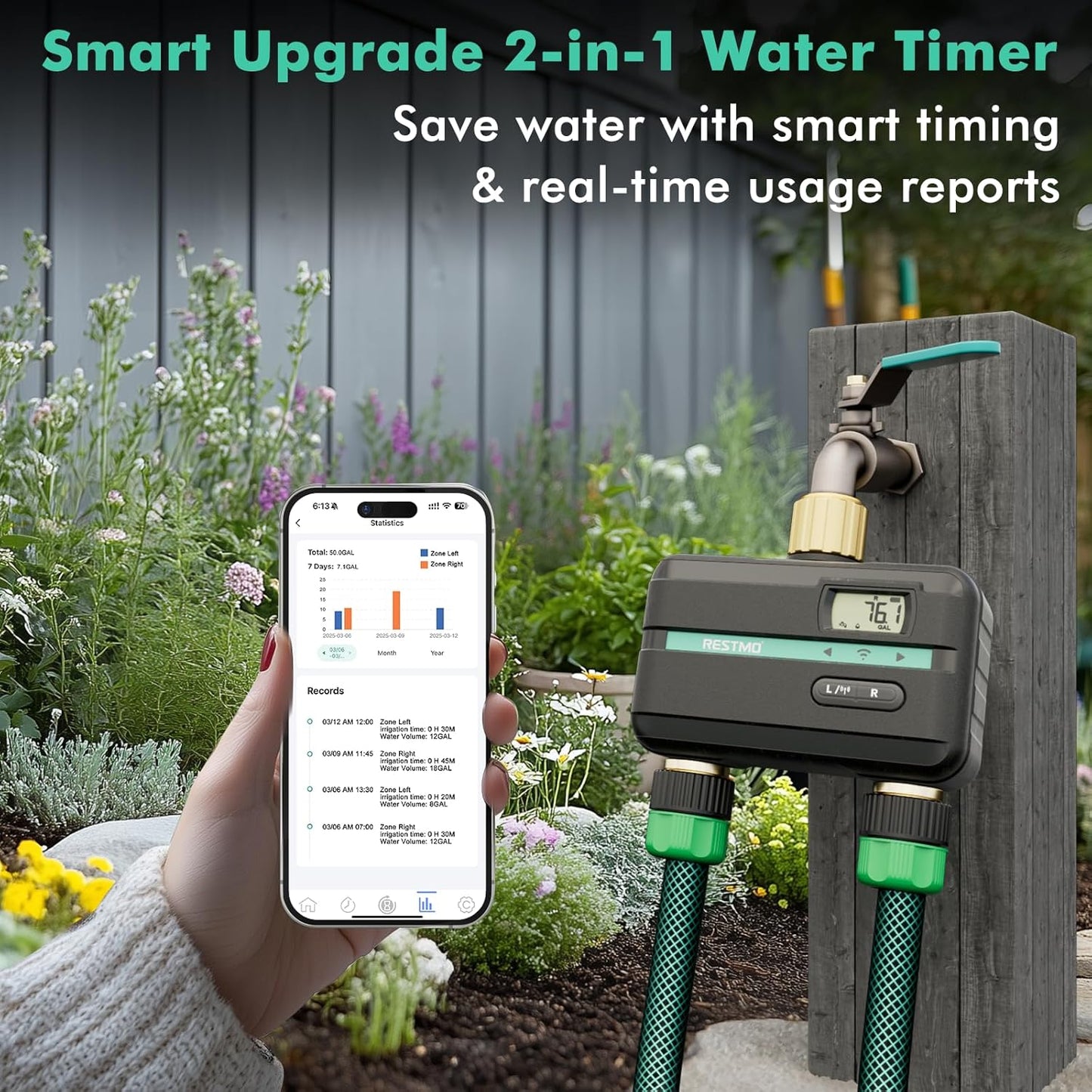 RESTMO Smart Sprinkler Timer with Flow Meter, 2 Zone Water Timer for Garden Hose, Brass Inlet & Outlet, Automatic Lawn & Yard Irrigation Watering System, APP Remote Control (2.4Ghz WiFi Connection)