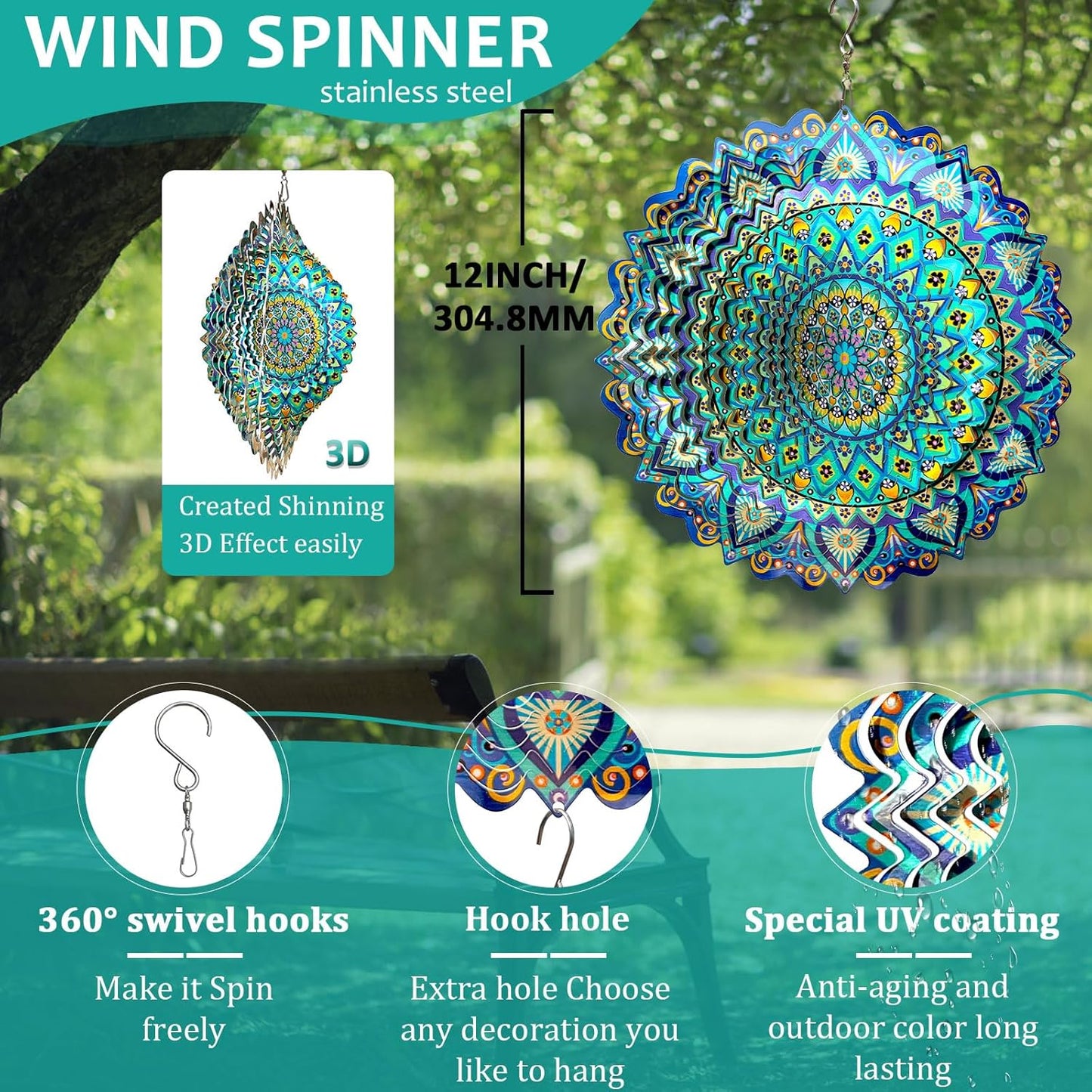 Wind Spinner Mandala Peacock Blue Ocean,Wind Spinner for Yard and Garden,Gifts for Women Mom Grandma Wife Father,12Inch 3D Kinetic Yard Art Decorations Outdoor&Indoor Christmas Decor