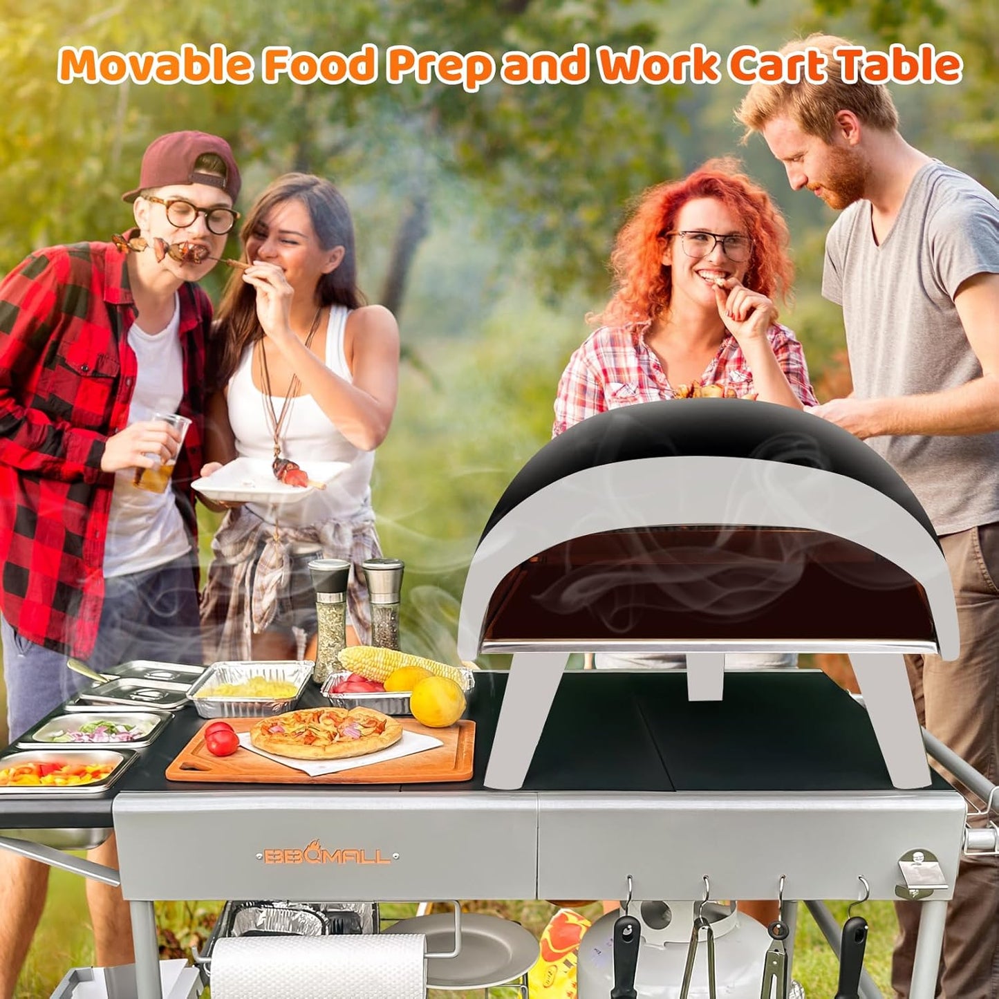Pizza Oven Table Grill Cart with Pizza Topping Station Movable Food and Prep Workcart Outdoor Grill Table Stand for Ninja Woodfire Blackstone Griddle Cuisinart etc Grill