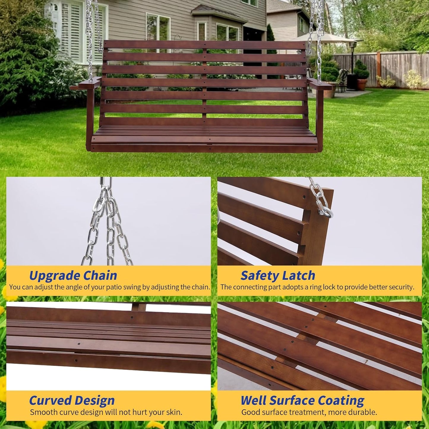 Wooden Porch Swing with Cup Holder, Outdoor Patio Swing Bench for Courtyard & Garden, Upgraded 4 FT Heavy Duty 880 LBS Porch Swing, Outdoor Swing with Hanging Chains, Brown