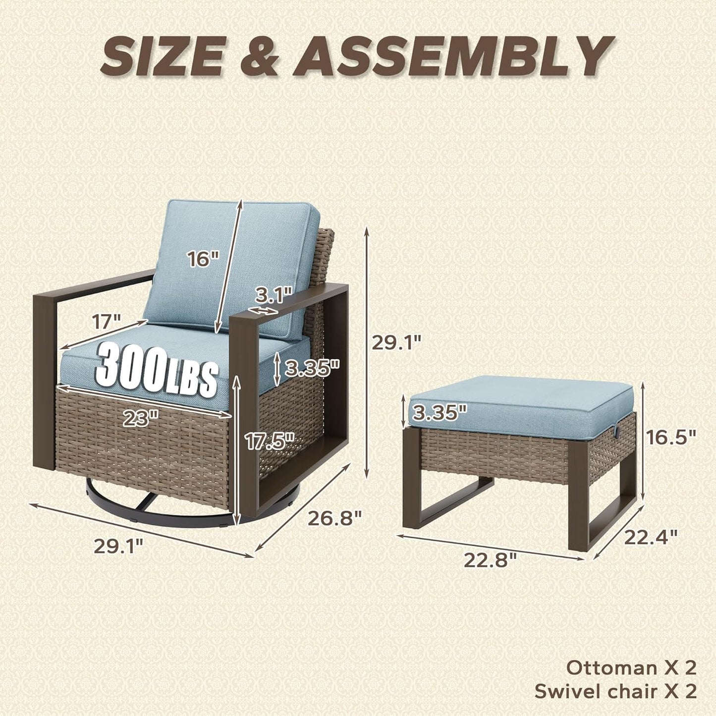Outdoor Wicker Metal Chairs Set of 2 with Two Ottomans, 360 Degree Glider Rockers Armchairs, 4 Pieces Patio Bistro Set with Wood-Looking Metal Armrest for Poolside, Terrace, Baby Blue