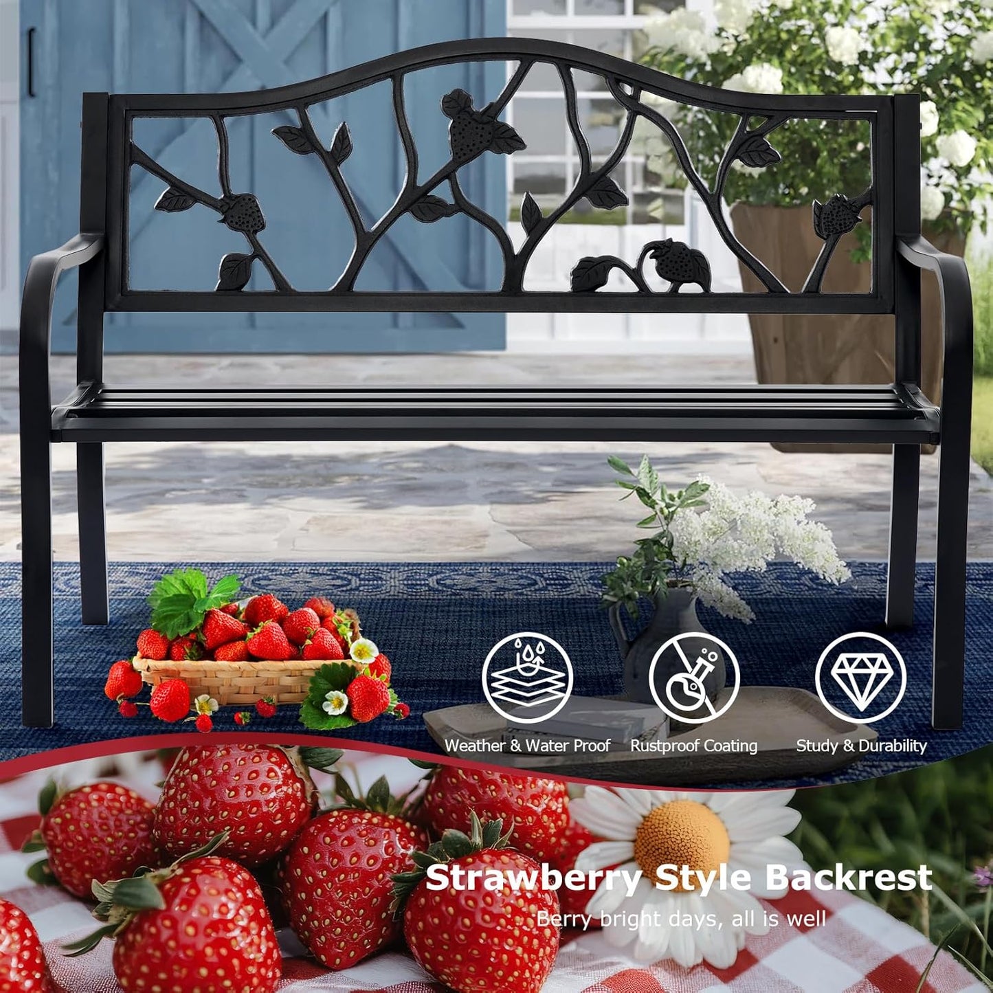 50” Strawberry Outdoor Garden Bench, Weatherproof Sturdy Cast Iron Metal Frame Patio Park Bench for Porch Yard Lawn Deck Park (Black Strawberry Style)