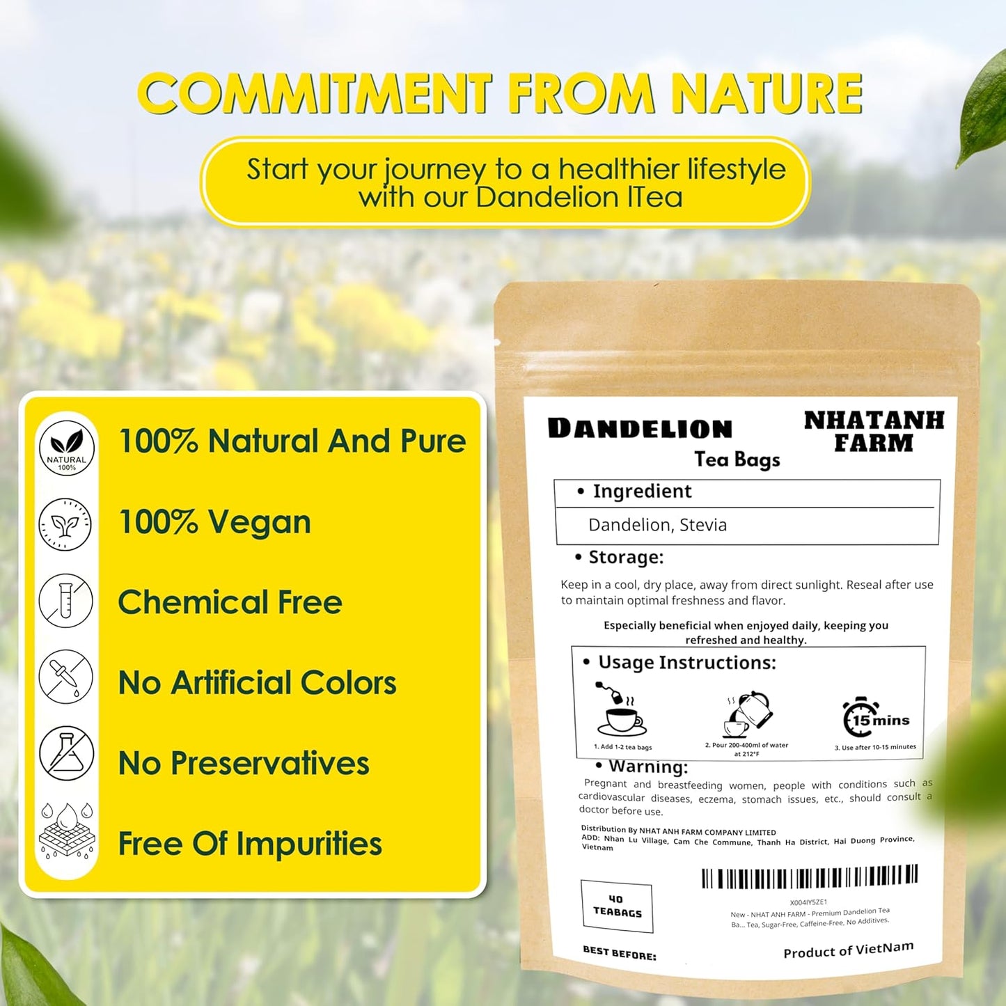 NHAT ANH FARM - Premium Dandelion Tea Bags, 40 Tea Bags, 100% Natural Dried Dandelion Leaves, Naturally Sweet Herbal Tea, Sugar-Free, Caffeine-Free, No Additives.