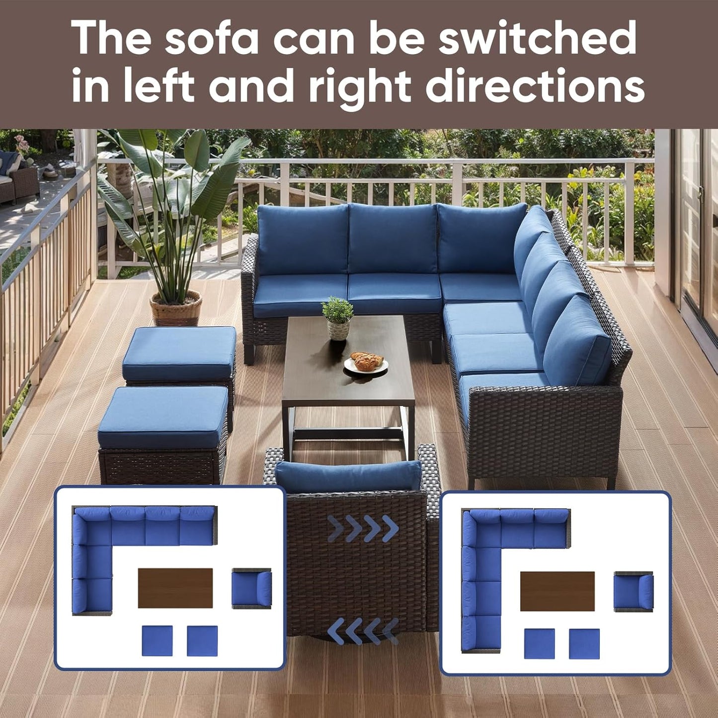 HUMMUH 10 Piece Patio Furniture Set PE Wicker 3 Outdoor Sectional Sofa Set with Patio Swivel Chairs Dinning Table Ottomans for Porch,Garden,Backyard,Deck(Brown/Blue)