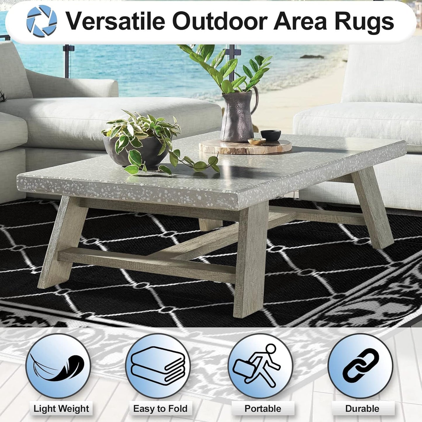 OutdoorLines Indoor Outdoor Rugs for Patio 4x6 ft - Reversible Outside Carpet, Stain & UV Resistant Portable RV Mats, Plastic Straw Rug for Camping, Pool Deck, Porch Rhombus Black & White