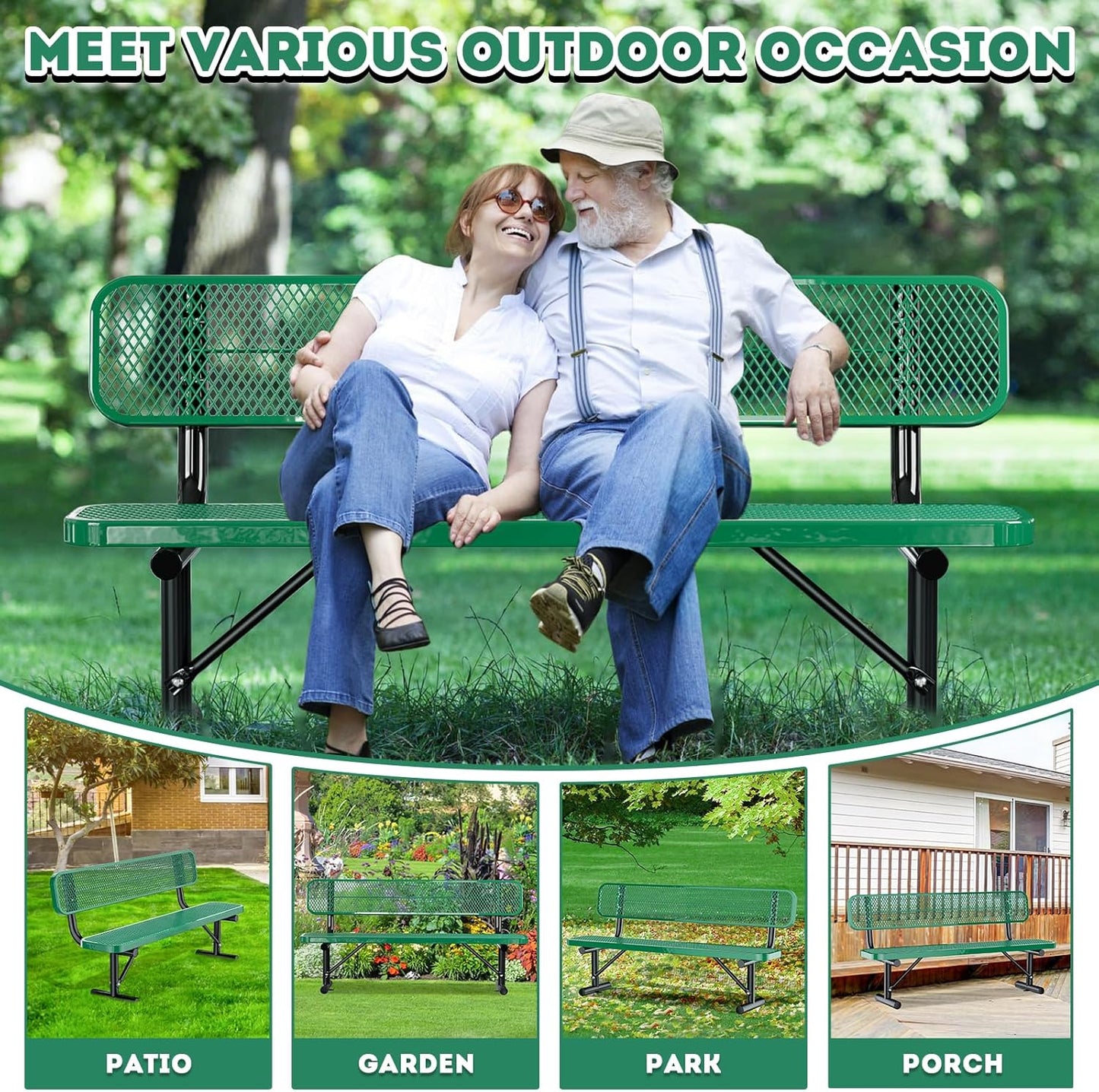 6Ft Outdoor Bench with Back Portable Frame, Outdoor Steel Park Bench with Backrest, Expanded Metal Mesh Bench for Outside, Lawn, Backyard, Park, Deck, Garden, Patio, Porch, Green