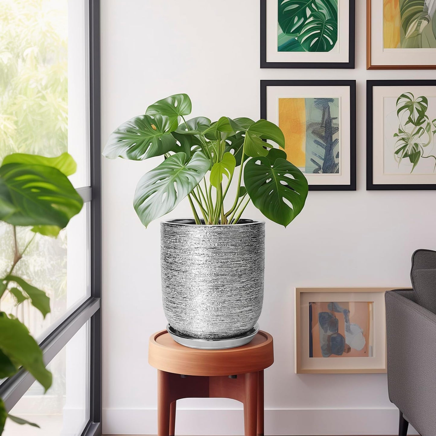 10 Inch Plant Pot - Ceramic Planter for Indoor Outdoor Flowers, Cylinder Modern Flower Pot with Drainage Hole and Saucer, Gifts for Plants Lovers, Home Garden Office House Decor, Silver