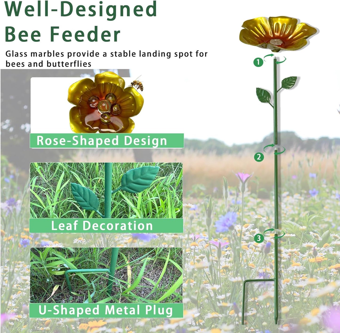 4 Packs Metal Bee Watering Station,Bee Water Feeder for Garden with 20 Marbles for Outdoor Decor,Decorative Water Feeder to Attract Pollinators(Red,Green,Blue,Yellow)