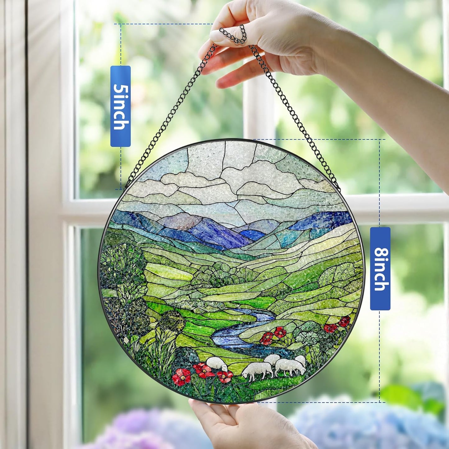 Stained Glass Window Hanging, Pauyadu 8 Inch Green Irish Hills Stained Glass Suncatcher, Window Decorations for Home, Christmas, Mother's Day, Birthday, Gifts for Women, Perfect for Nature Lovers