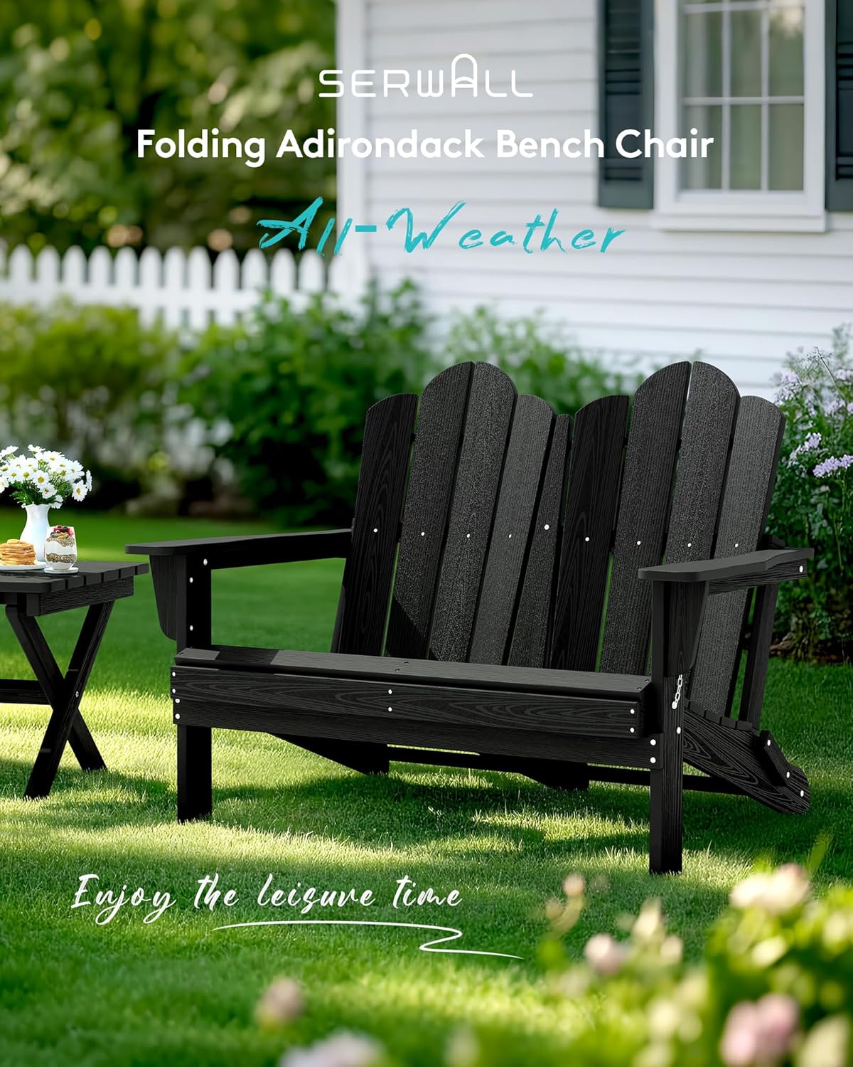 SERWALL Folding Adirondack Bench, HDPE All-Weather Adirondack Loveseat Set of 2, Black