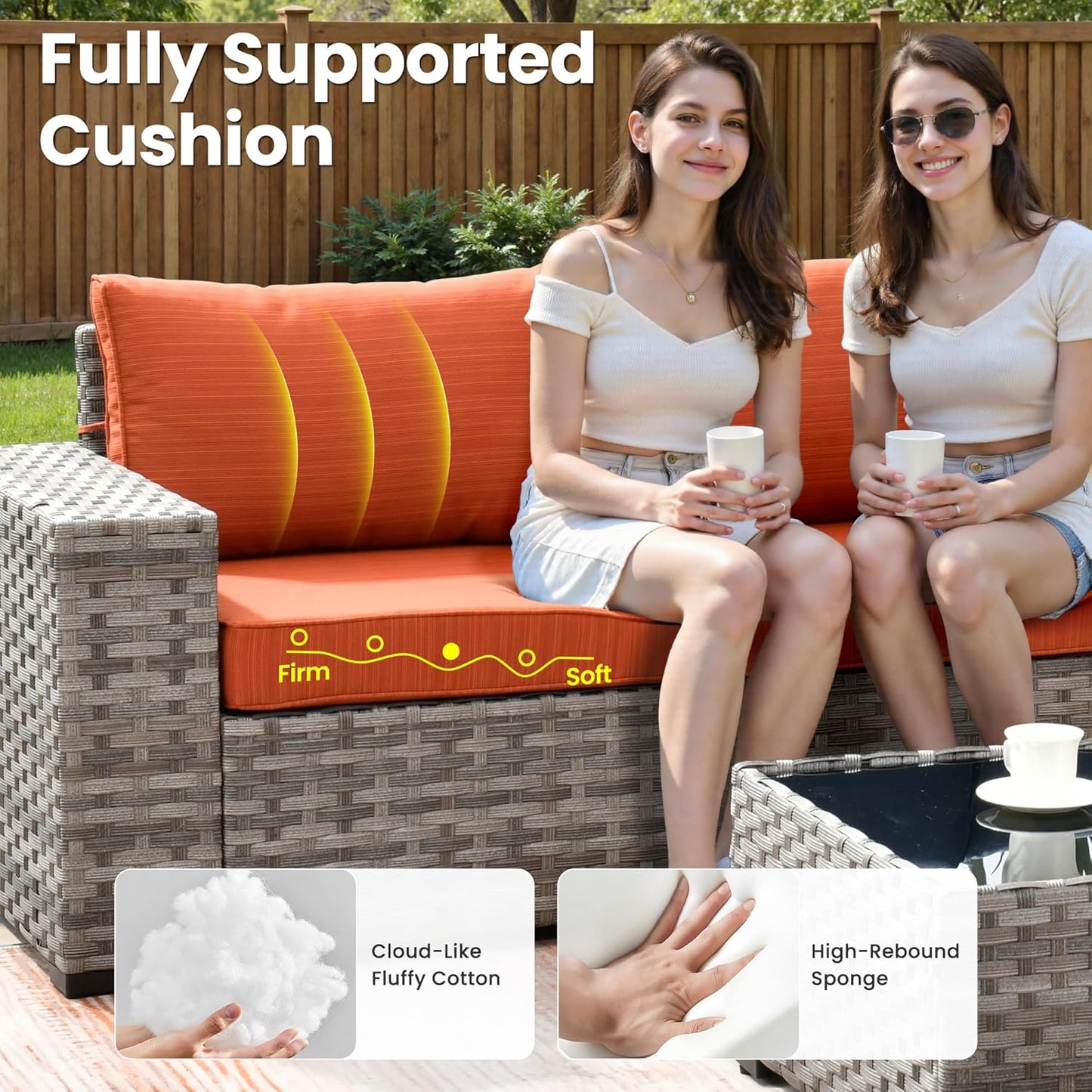 ovios 7 Pieces Patio Furniture Set, Outdoor Wicker Sectional Sofa with 42 Inch Fire Pit Table Comfy Cushions, Modern Modular Deep Seat Rattan Couch Conversation Set, Orange Red